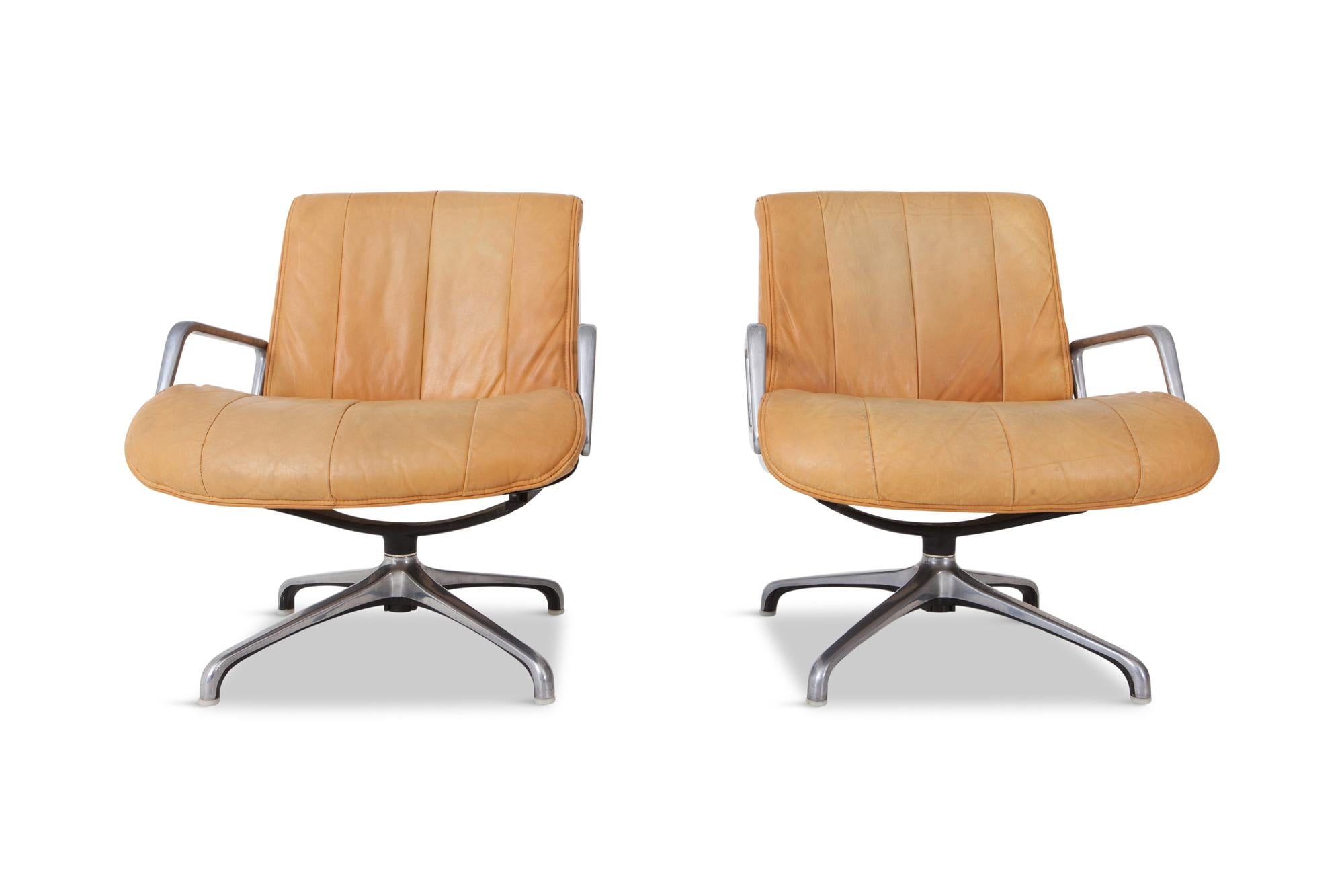Aluminum Saporiti Cognac Leather Lounge Chairs