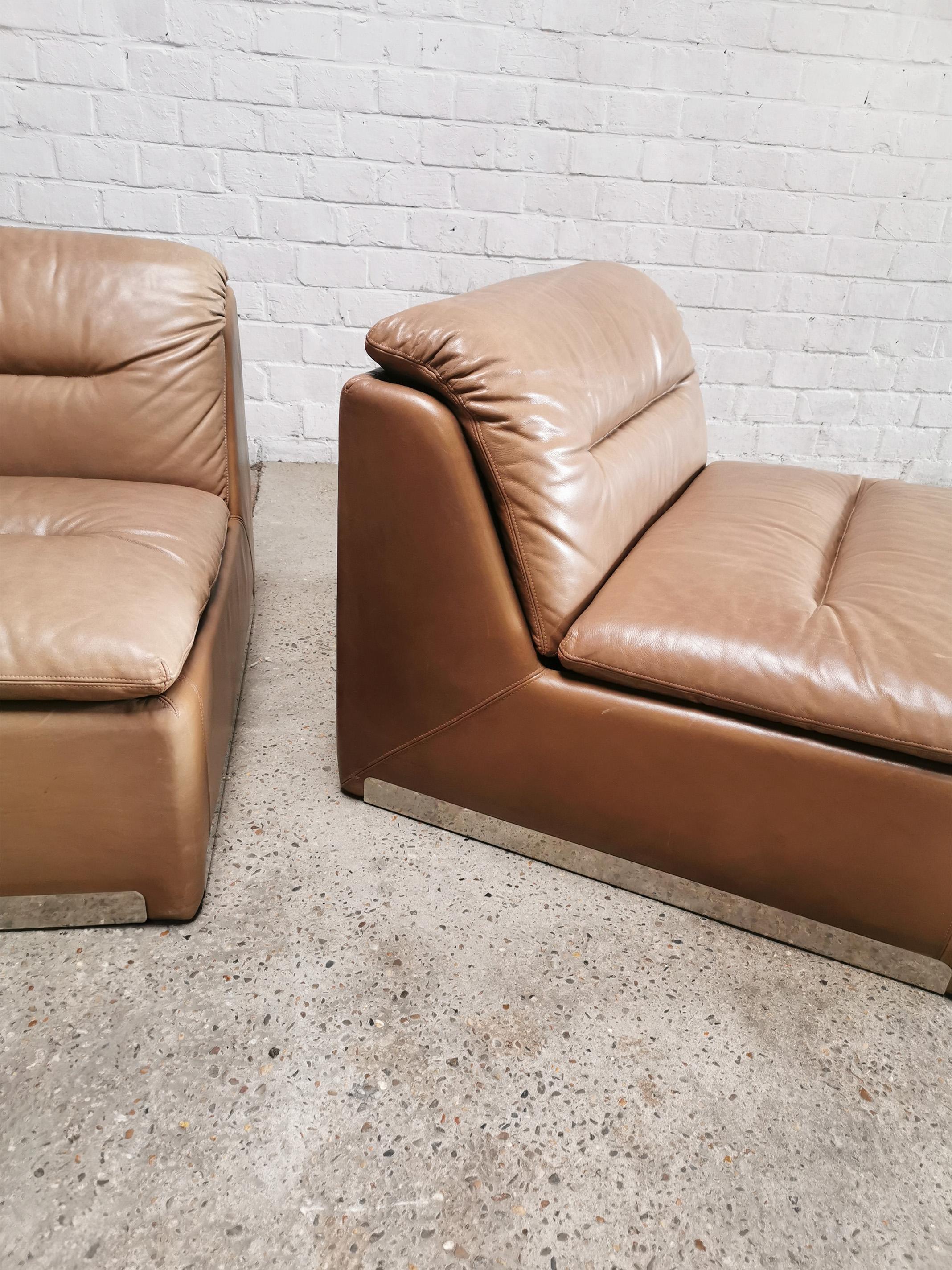 Italian Saporiti Cognac Leather 'P10' Lounge Chairs, Italy 1970's For Sale