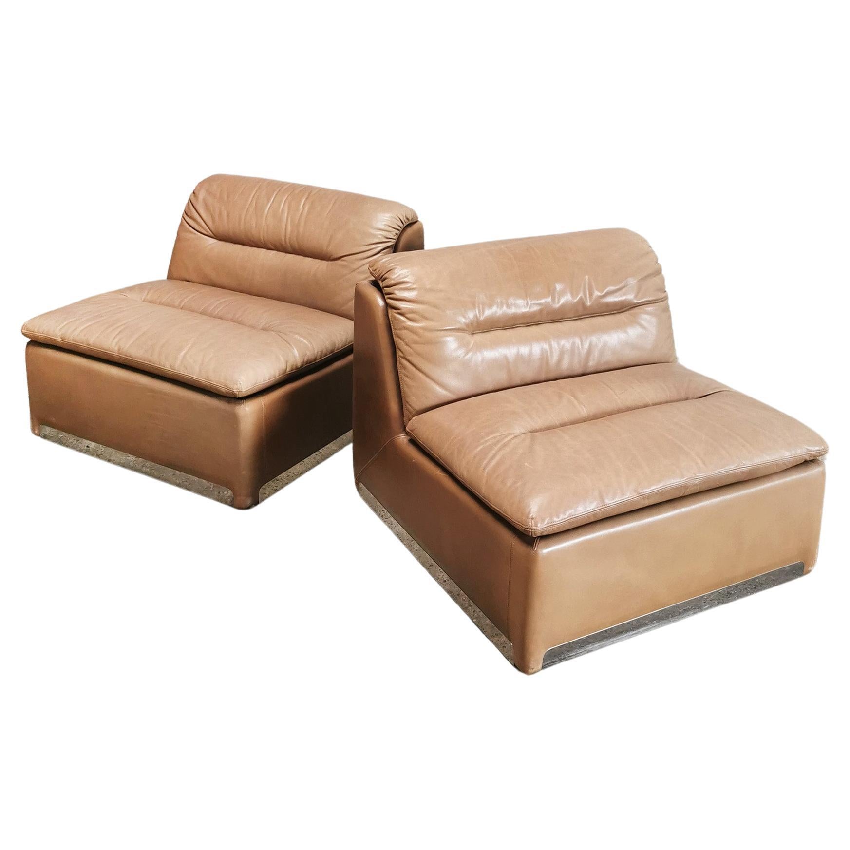 Saporiti Cognac Leather 'P10' Lounge Chairs, Italy 1970's