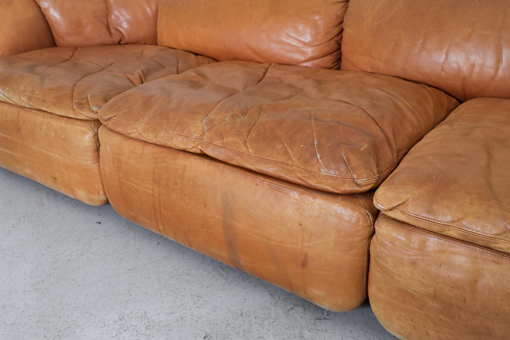 Saporiti 'Confidential' Cognac Leather Sofa by Alberto Rosselli, 1970s 7