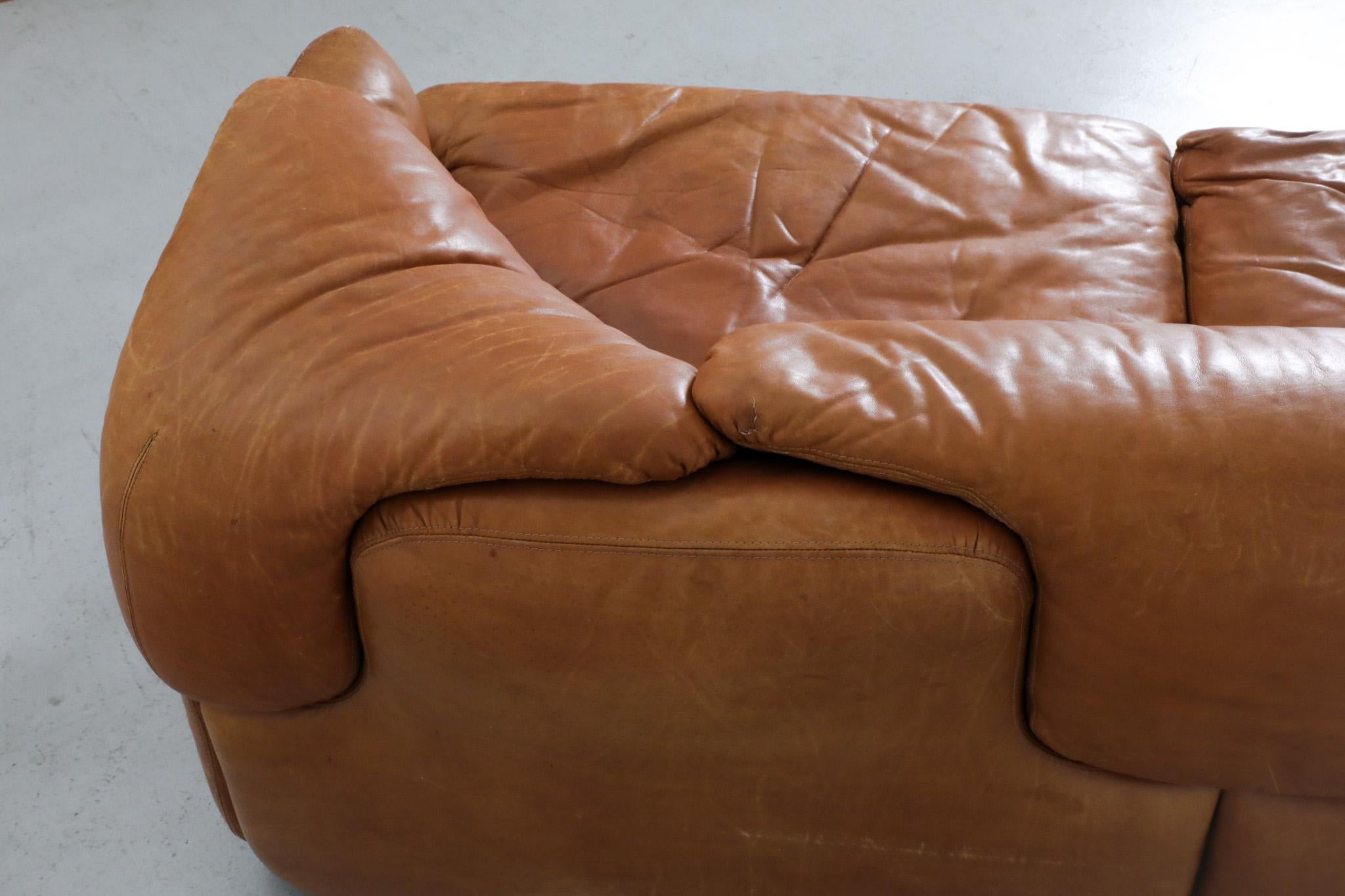 Saporiti 'Confidential' Cognac Leather Sofa by Alberto Rosselli, 1970s 11