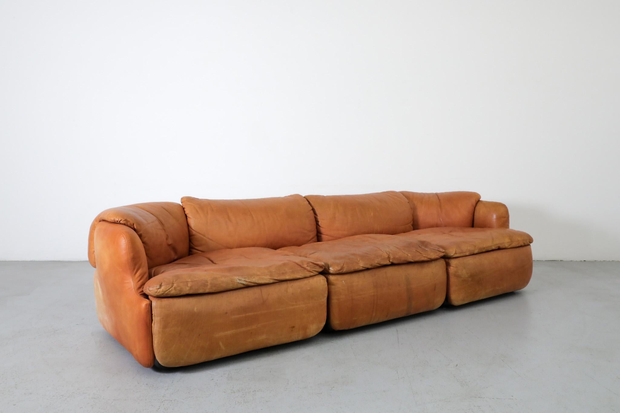 Mid-Century Modern Saporiti 'Confidential' Cognac Leather Sofa by Alberto Rosselli, 1970s