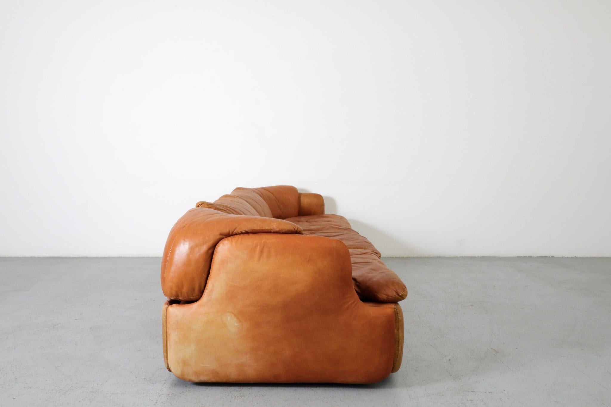Italian Saporiti 'Confidential' Cognac Leather Sofa by Alberto Rosselli, 1970s