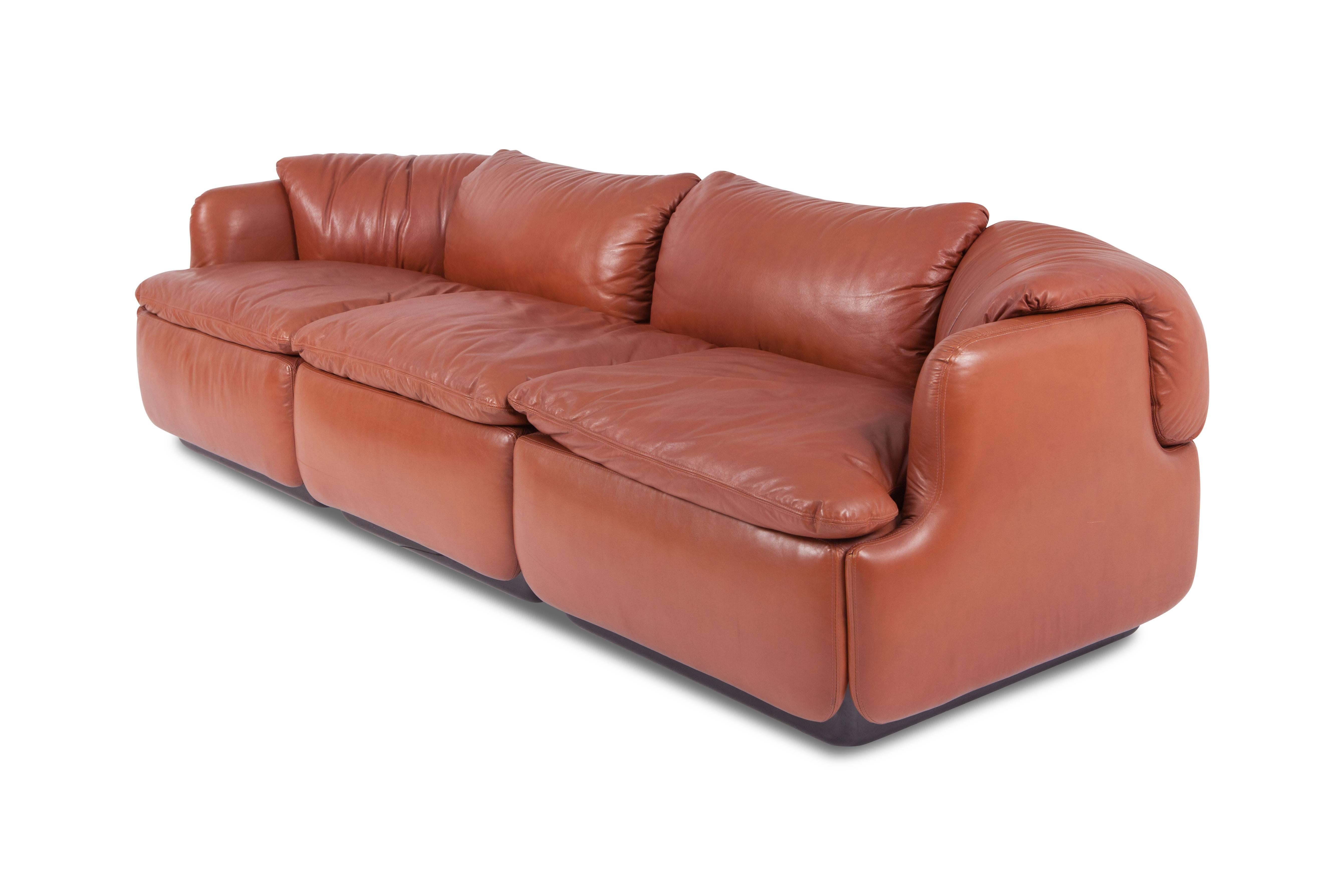 Mid-Century Modern Saporiti 'Confidential' Cognac Leather Sofa by Alberto Rosselli