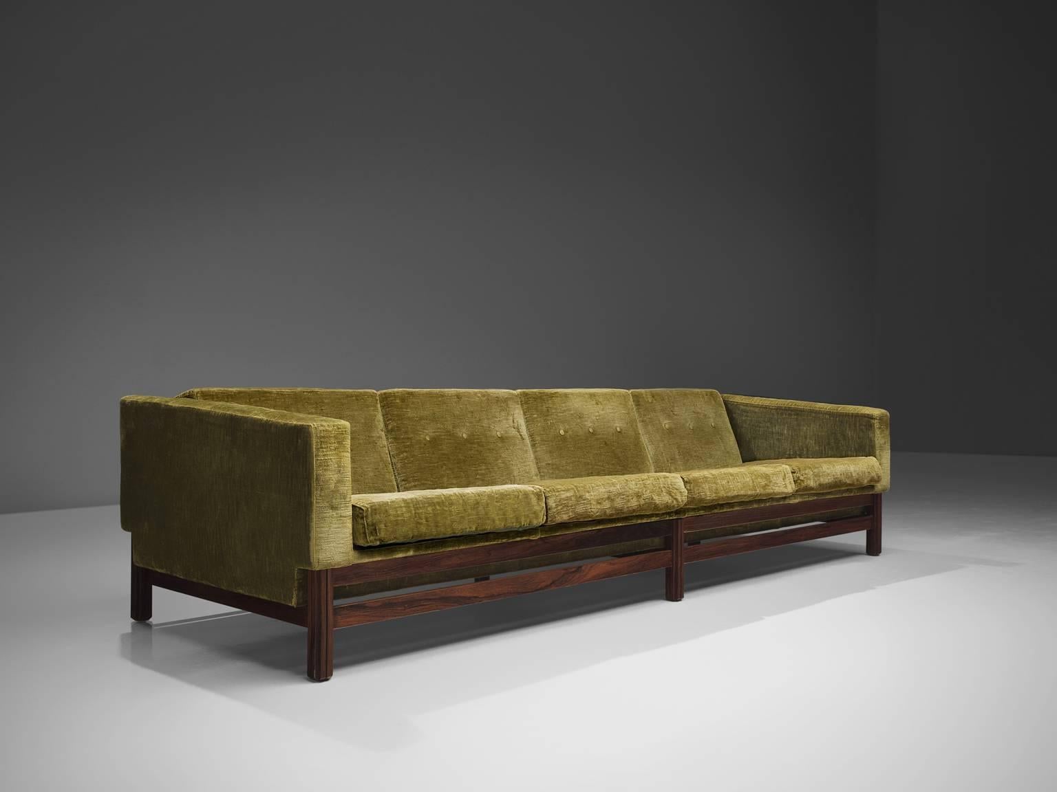 Mid-Century Modern Saporiti Four-Seat Sofa in Green Velvet and Rosewood
