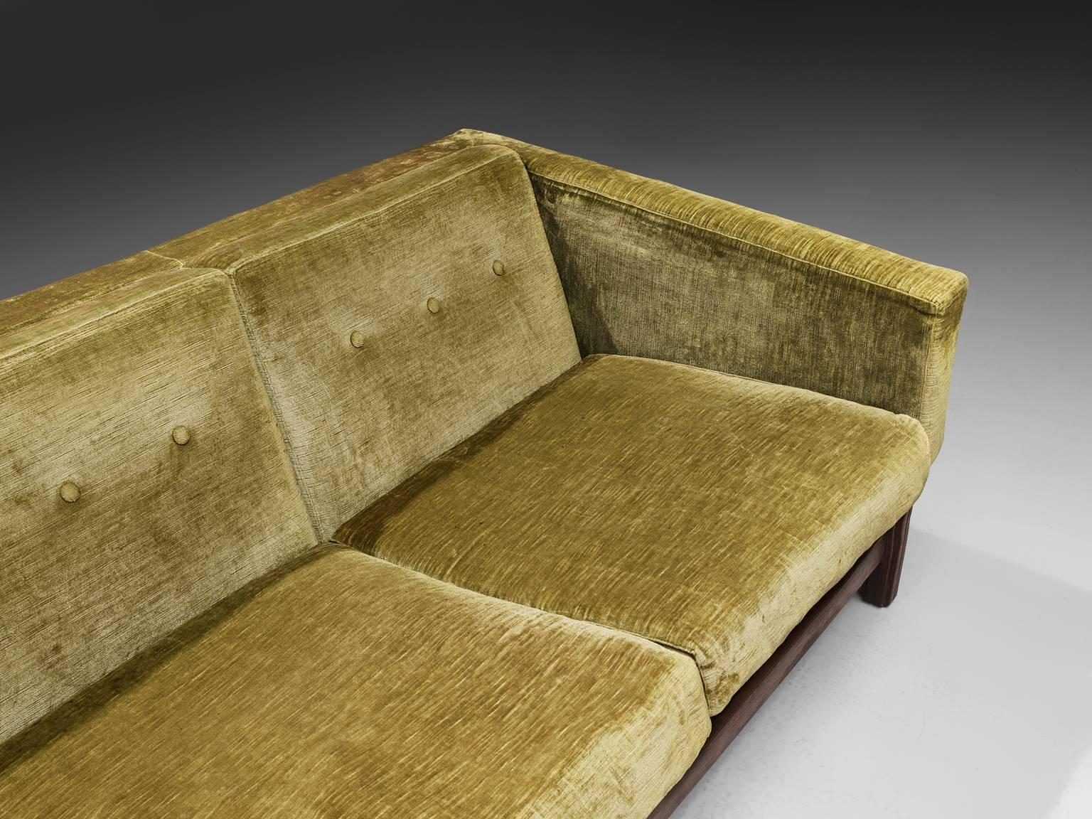 Italian Saporiti Four-Seat Sofa in Green Velvet and Rosewood