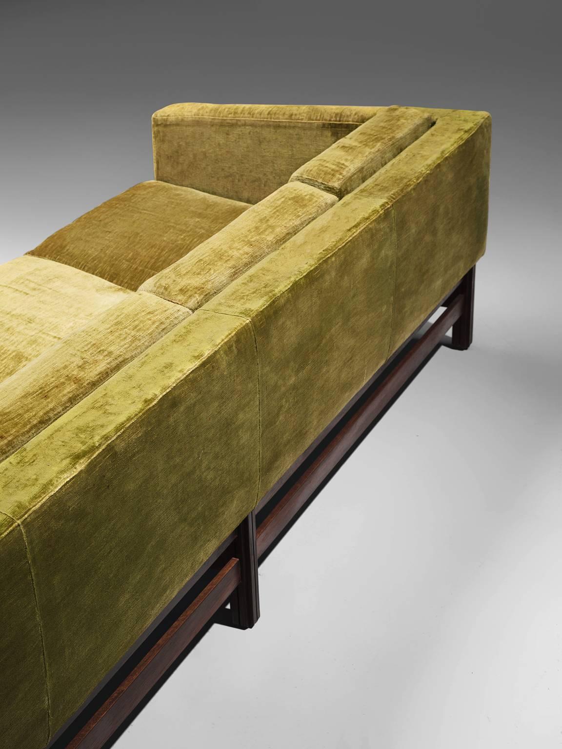 Mid-20th Century Saporiti Four-Seat Sofa in Green Velvet and Rosewood