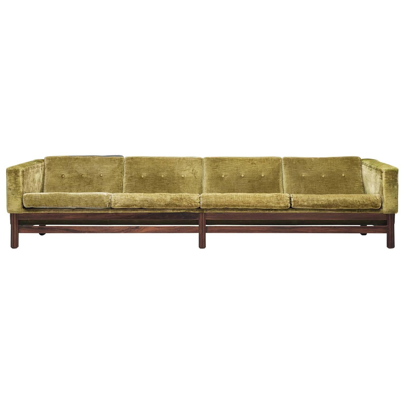 Saporiti Four-Seat Sofa in Green Velvet and Rosewood