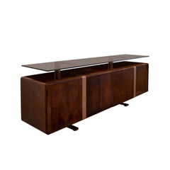 Saporiti Impressive Credenza in Dark Lacquered Goatskin with Glass Top 1980s