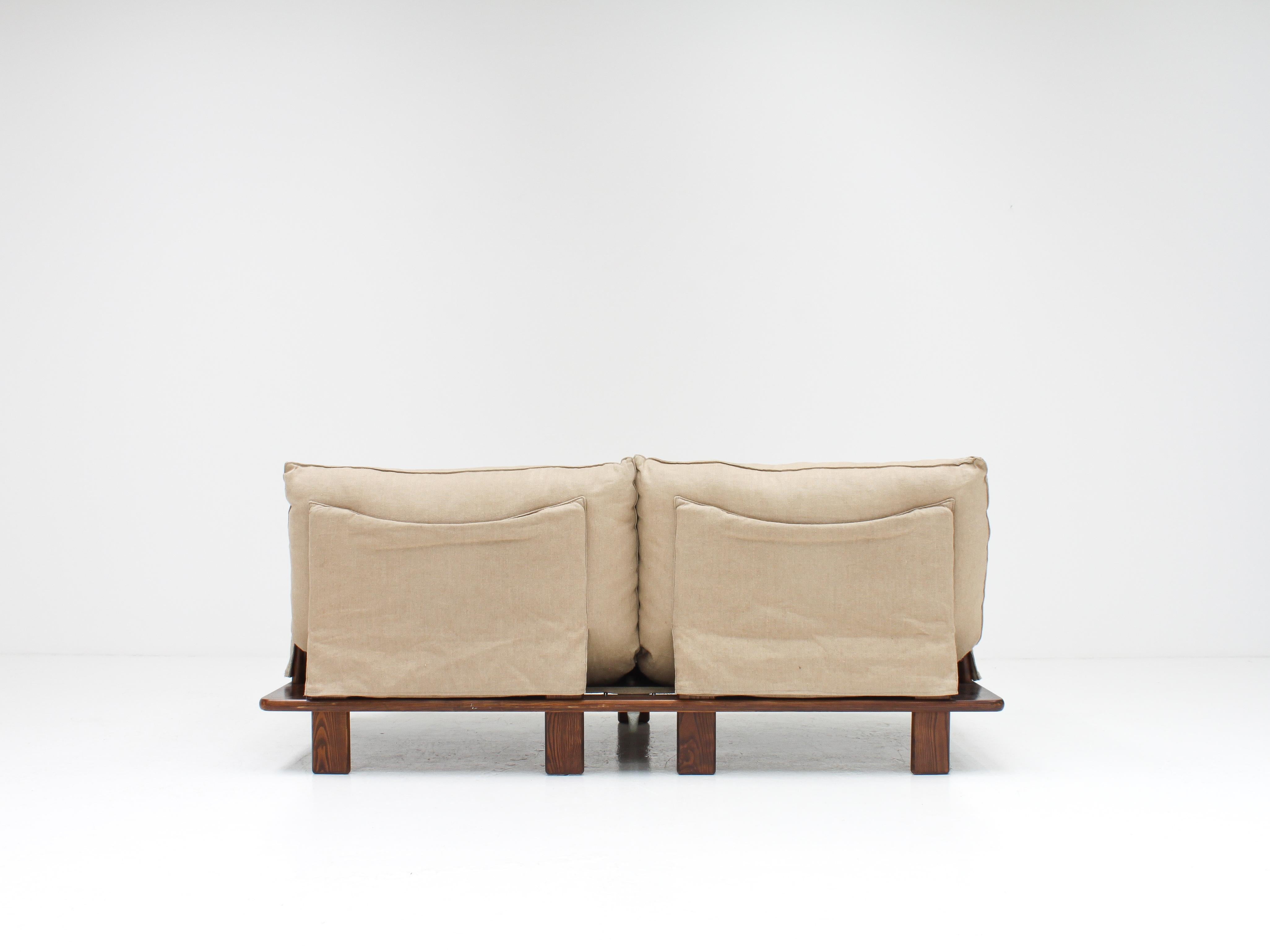 Fabric Saporiti Italia 2-Seater Sofa in Jute & Walnut, Attrib. to Carlo Bartoli, 1970s