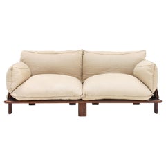 Saporiti Italia 2-Seater Sofa in Jute & Walnut, Attrib. to Carlo Bartoli, 1970s