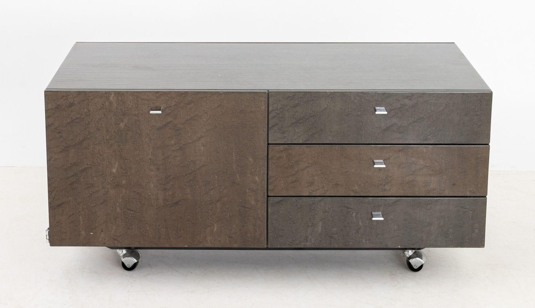 Saporiti Italia Gray Stained Bird's Eye Maple Credenza, with filing cabinet and three drawers to right mounted on four casters, label to reverse. 23