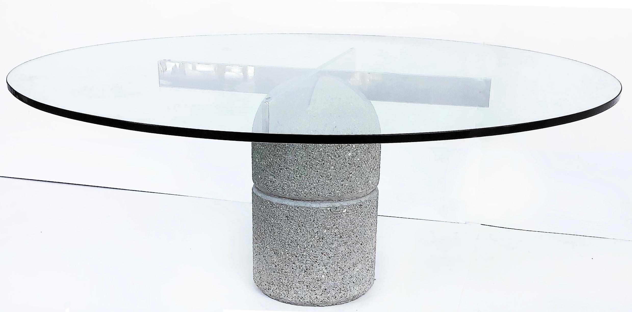 Saporiti Italia Concrete, chrome, glass dining table

Offered for sale is a vintage cirac 1980s Saporiti Italia concrete, chrome and glass round dining table. The concrete bullet-shaped base supports chrome cross-stretchers with a 3/4