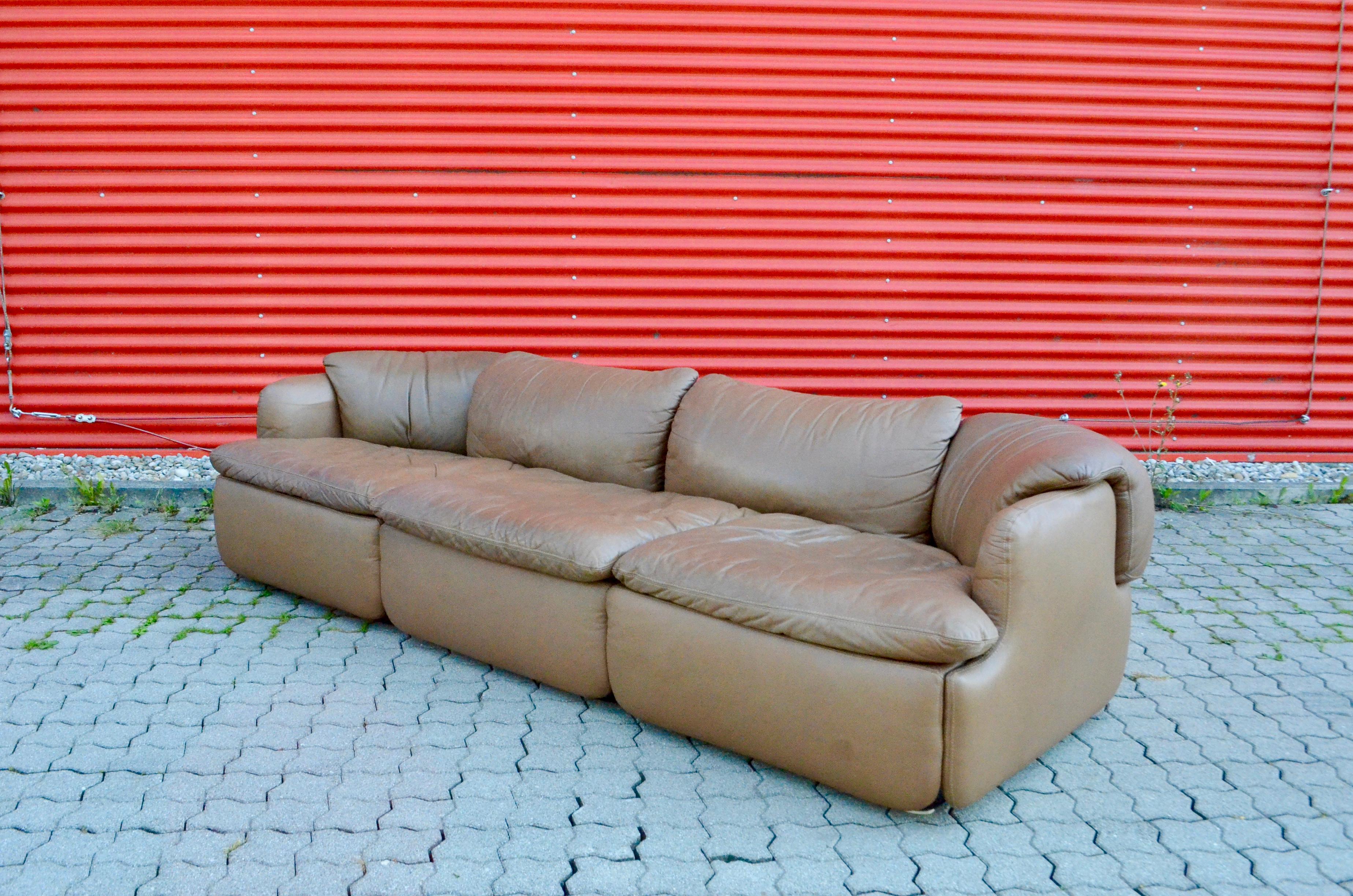 Leather Saporiti Italia Confidential Sofa, Armchair and Ottoman Living Room Set, 1970s