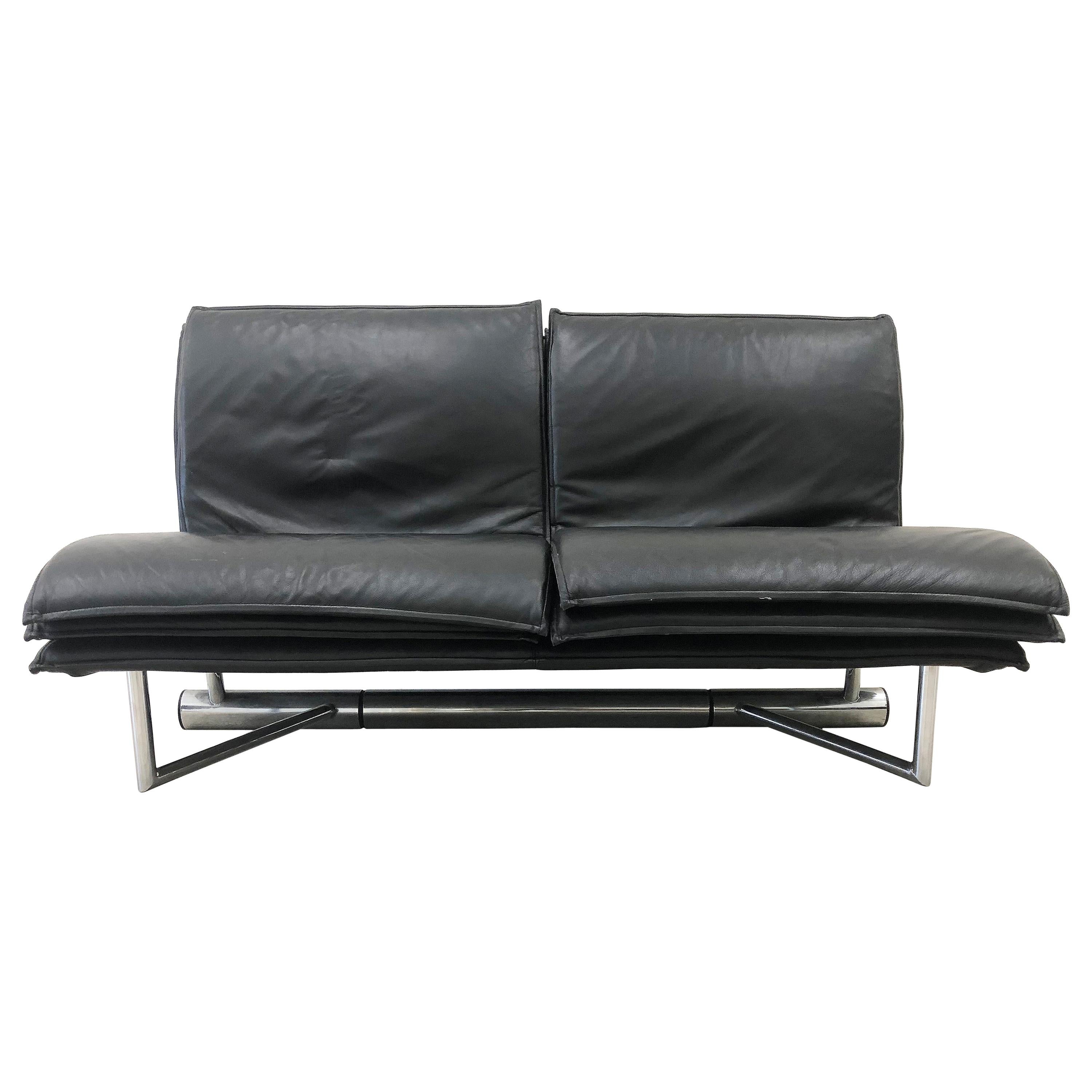 Saporiti Italia Padded Leather and Stainless Steel Sofa For Sale