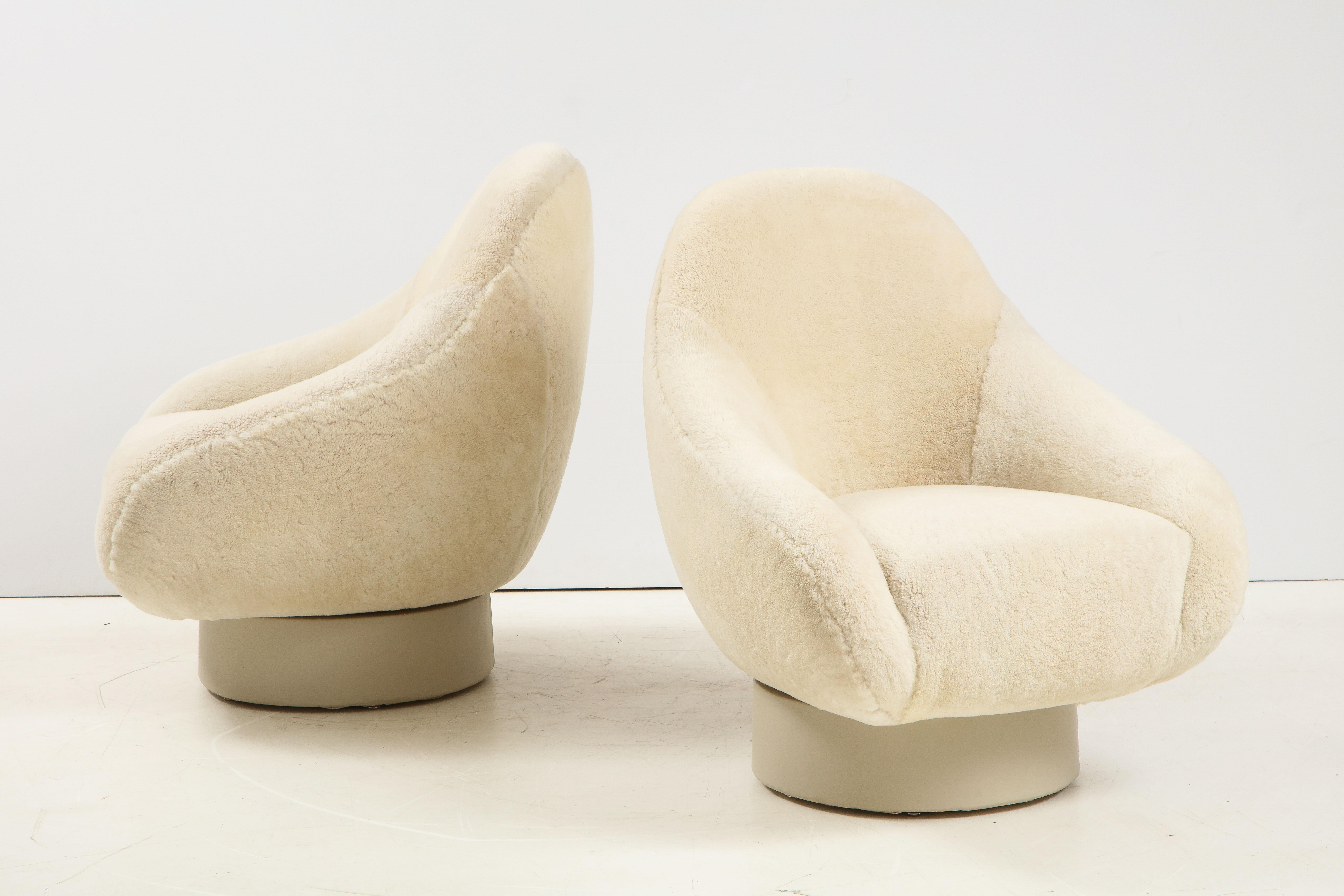 Leather Saporiti Italian Mid Century Swivel Shearling Chairs