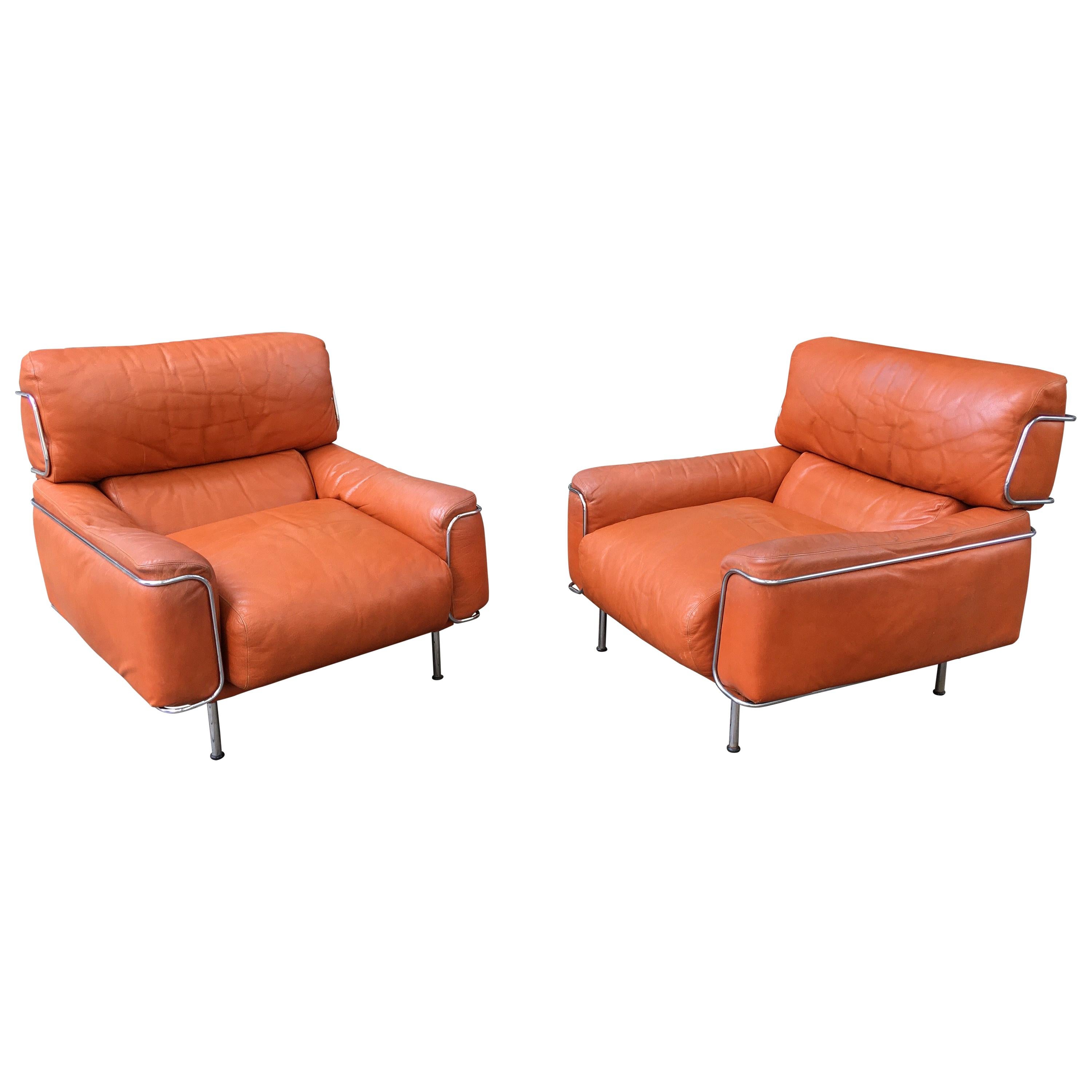 Saporiti Leather and Chrome Lounge Chairs