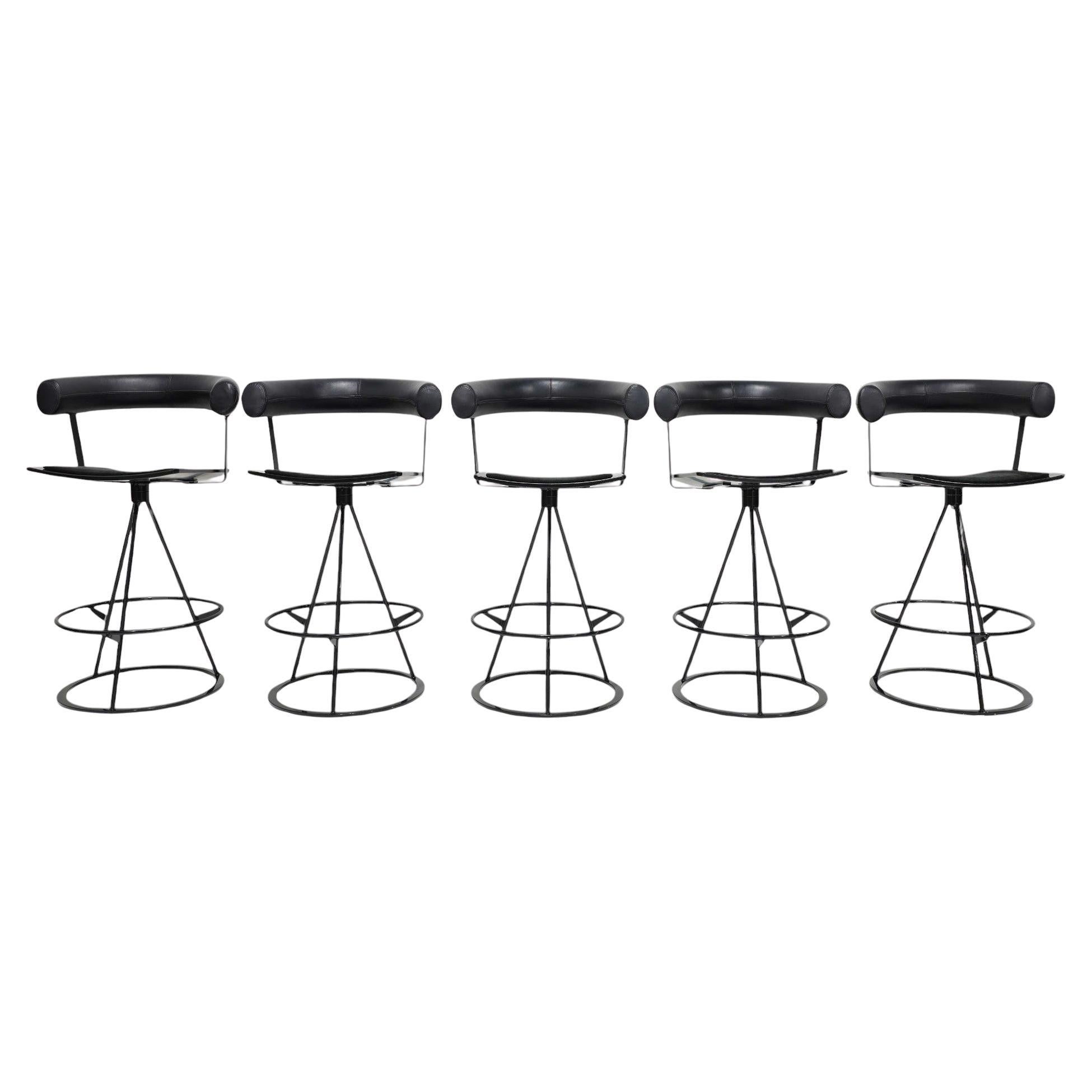 Saporiti Leather and Suede Swivel Bar Stools, Set of Five.