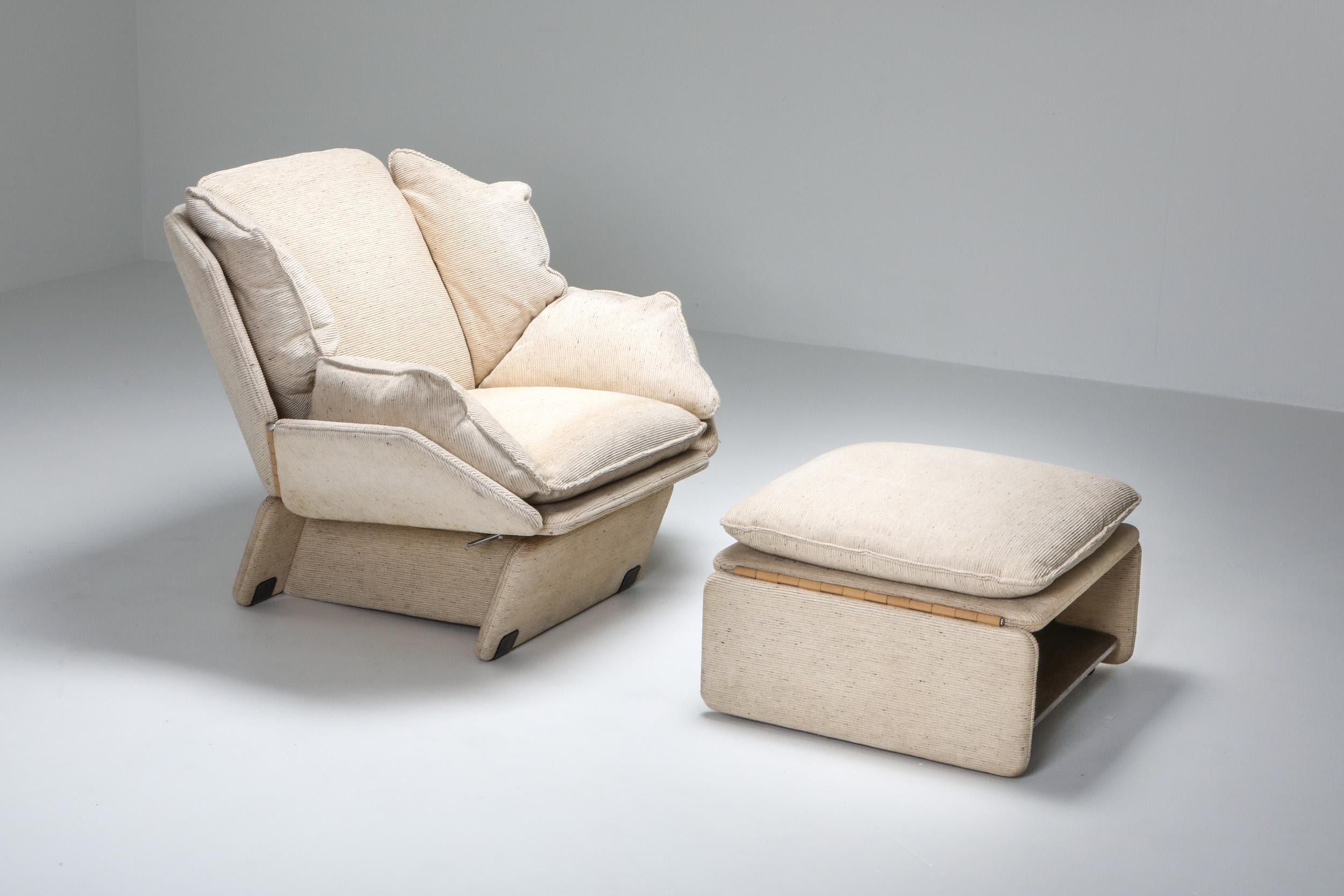 Postmodern lounge chairs with ottoman, Saporiti, Italy, 1970s

The most comfortable easy chair you might ever sit in.
Unusual lounge chair who'd fit perfectly with the architectural John Lautner Goldstein house.
The lounge chair has a reclining