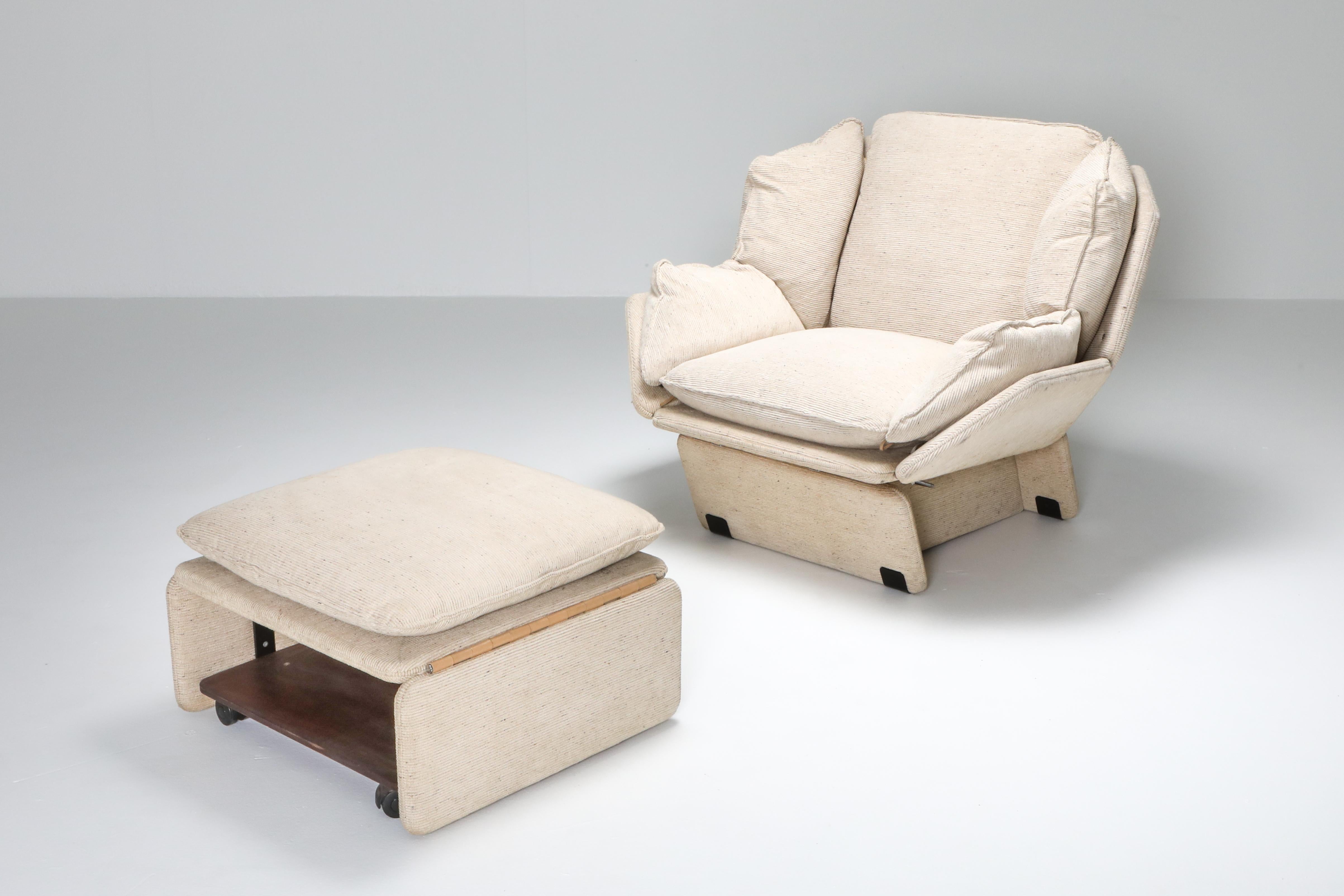 Postmodern lounge chairs with ottoman, Saporiti, Italy, 1970s

The most comfortable easy chair you might ever sit in.
Unusual lounge chair who'd fit perfectly with the architectural John Lautner Goldstein house.
The lounge chair has a reclining