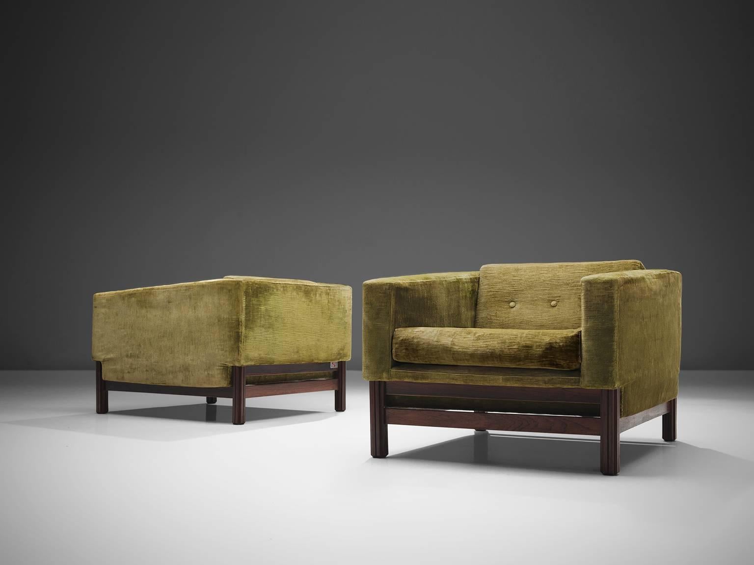 Mid-Century Modern Saporiti Lounge Chairs in Green Velvet and Rosewood