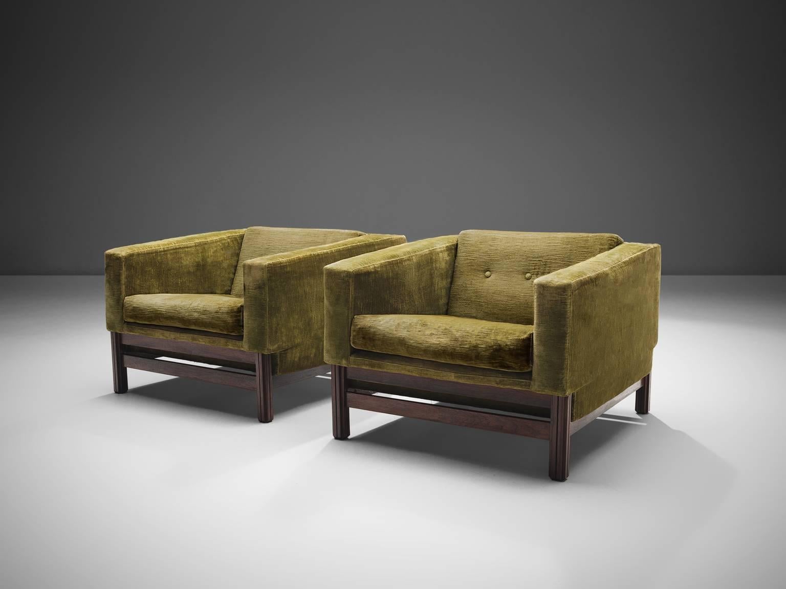 Italian Saporiti Lounge Chairs in Green Velvet and Rosewood