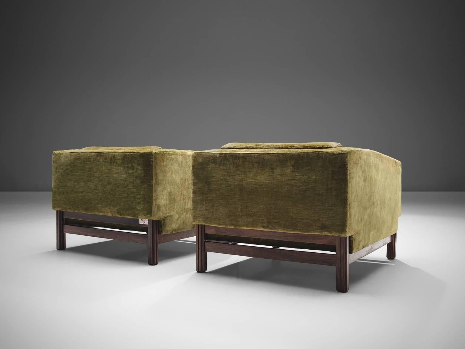 Saporiti Lounge Chairs in Green Velvet and Rosewood In Good Condition In Waalwijk, NL