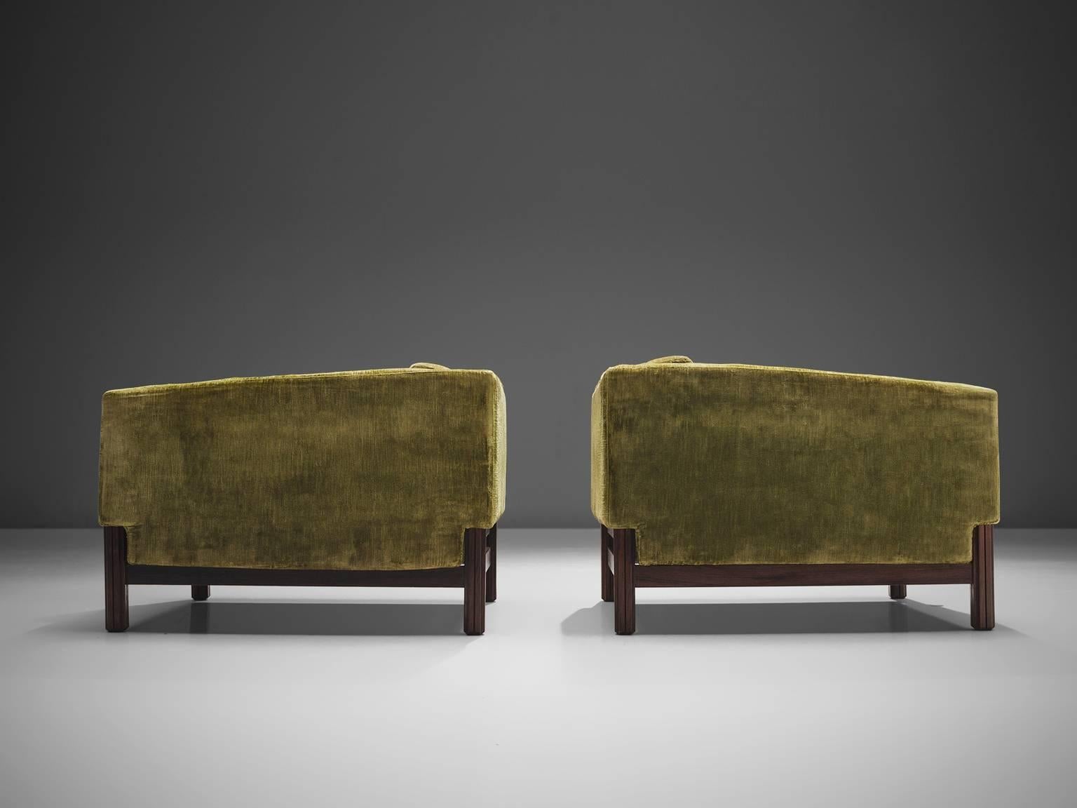 Mid-20th Century Saporiti Lounge Chairs in Green Velvet and Rosewood