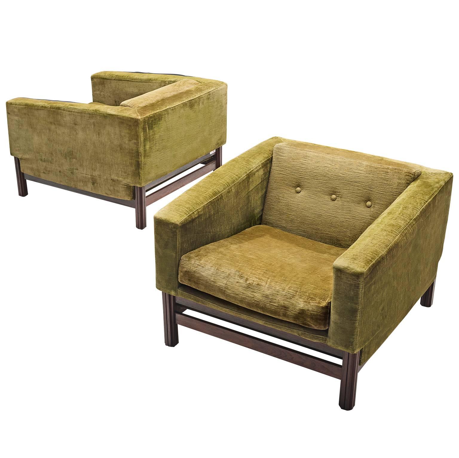 Saporiti Lounge Chairs in Green Velvet and Rosewood
