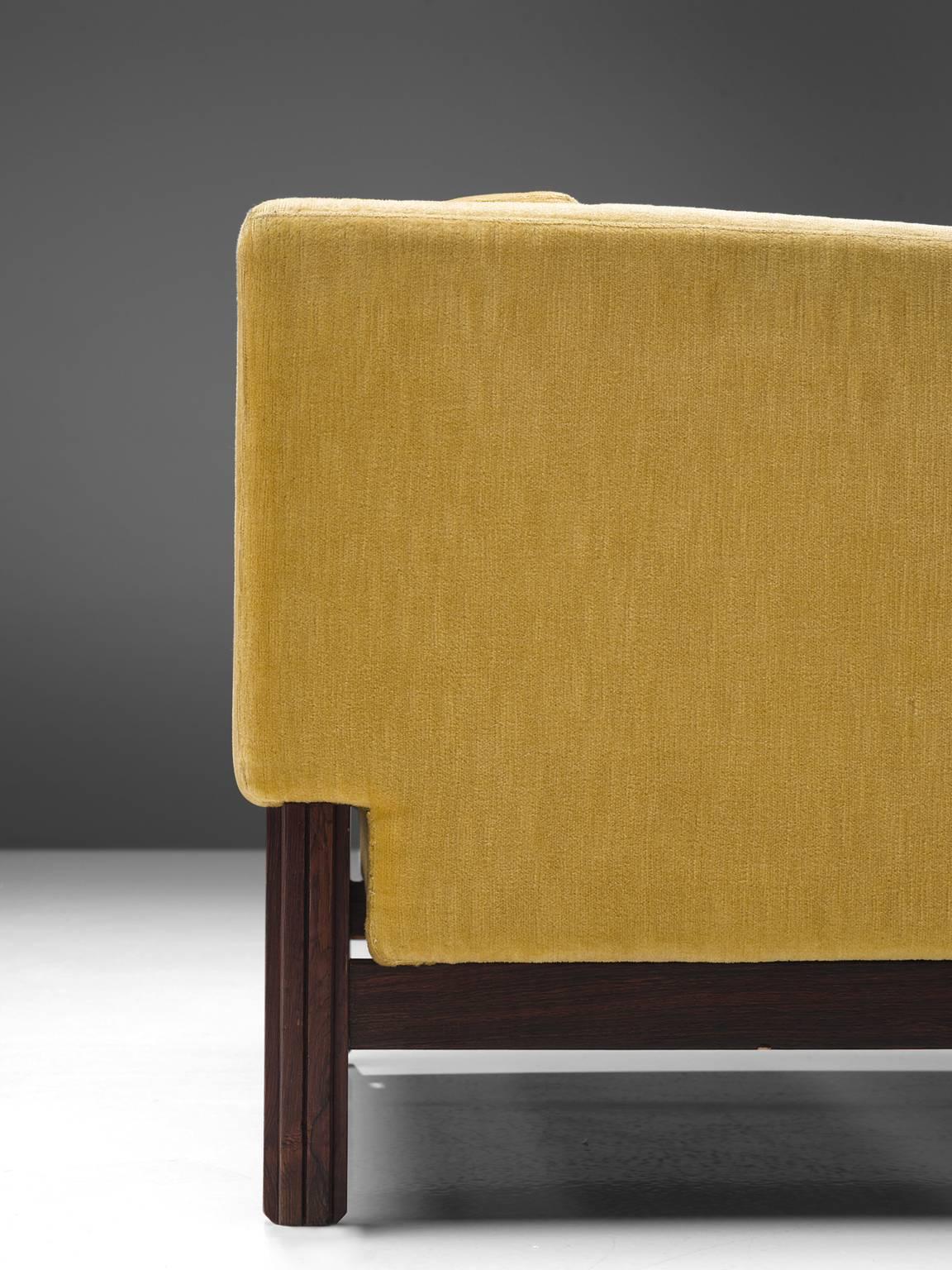 Italian Saporiti Lounge Chairs in Yellow Velvet and Rosewood
