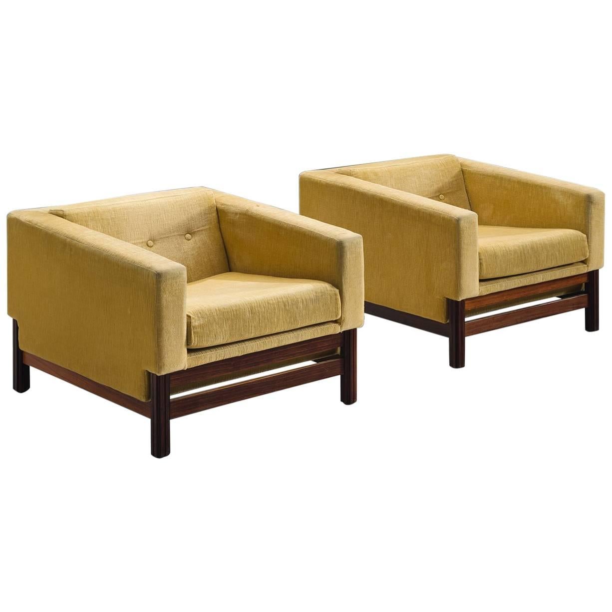 Saporiti Lounge Chairs in Yellow Velvet and Rosewood