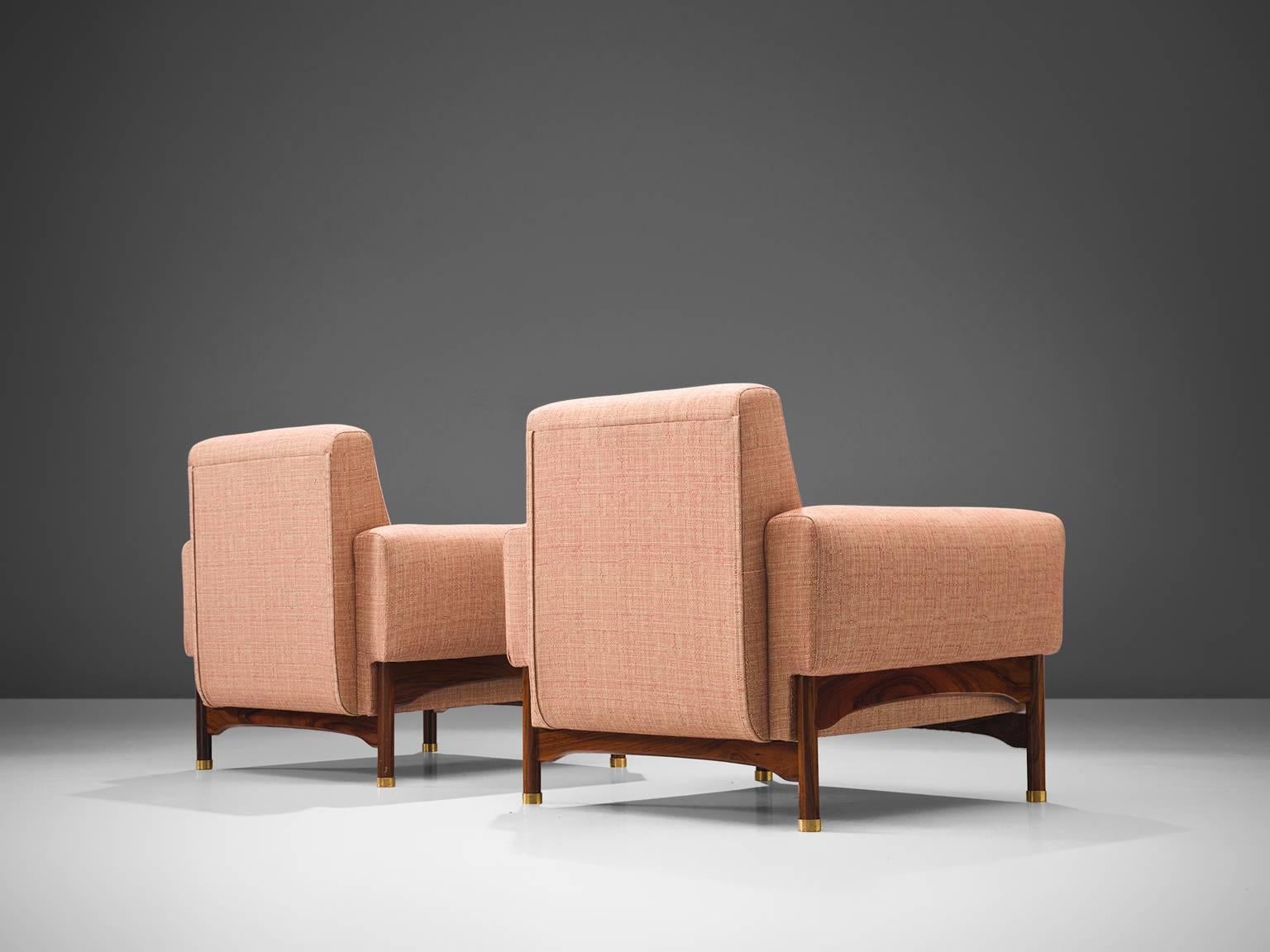 Mid-Century Modern Lounge Chairs with Rosewood Frame and Brass Feet, Italy, 1960s