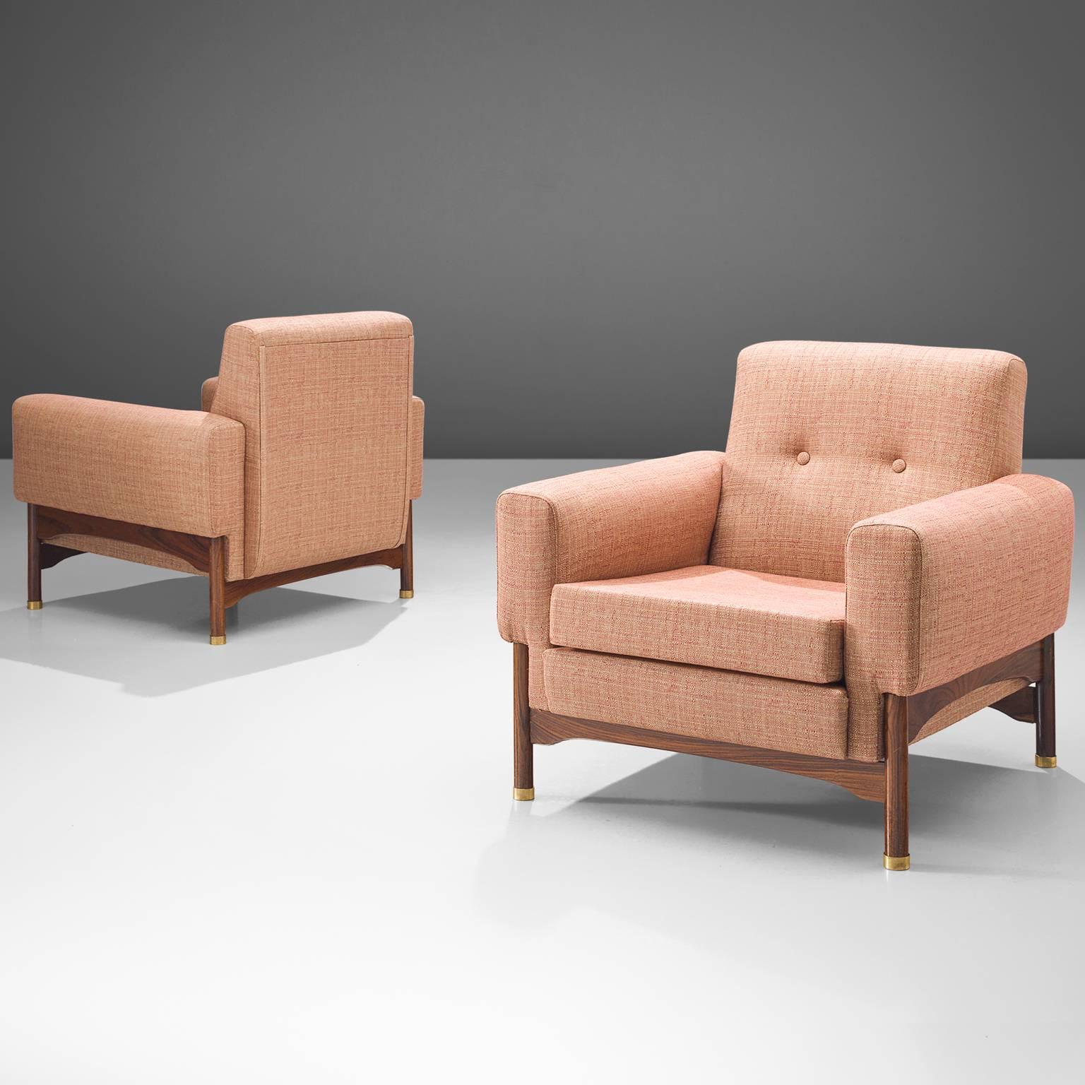Fabric Lounge Chairs with Rosewood Frame and Brass Feet, Italy, 1960s