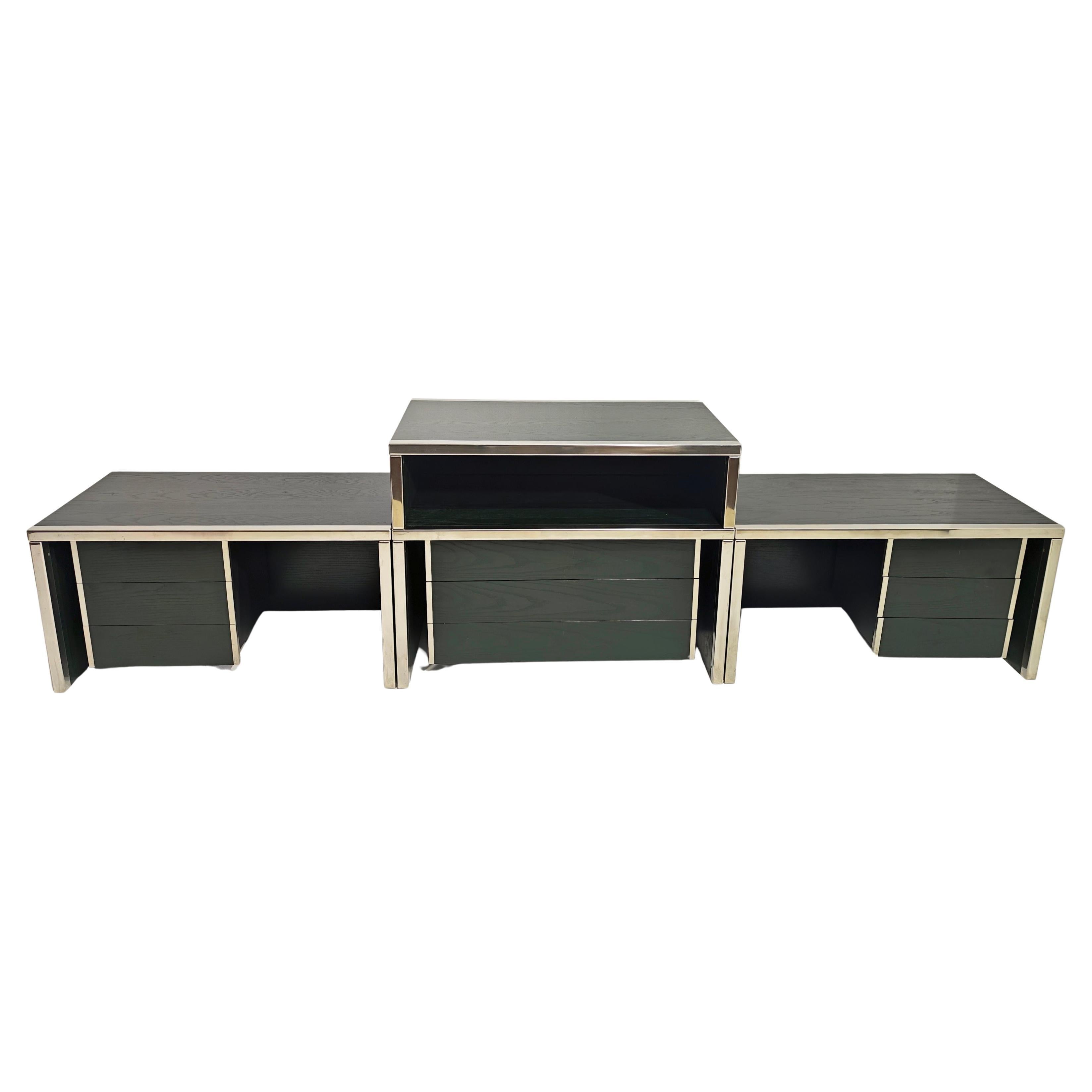 Saporiti Modular Furniture Green Wood Chromed Mid-Century Modern 1970s Set of 4 For Sale