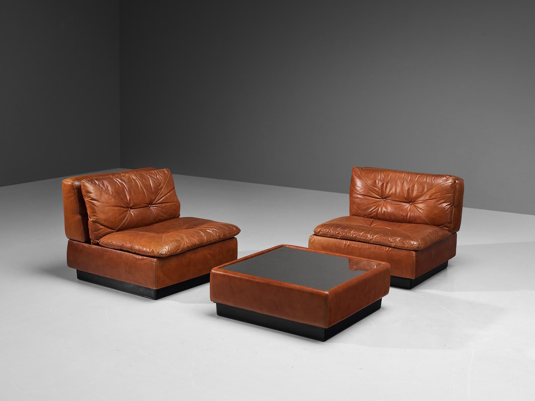 Saporiti Modular Lounge Set with Coffee Table in Cognac Leather For Sale 3