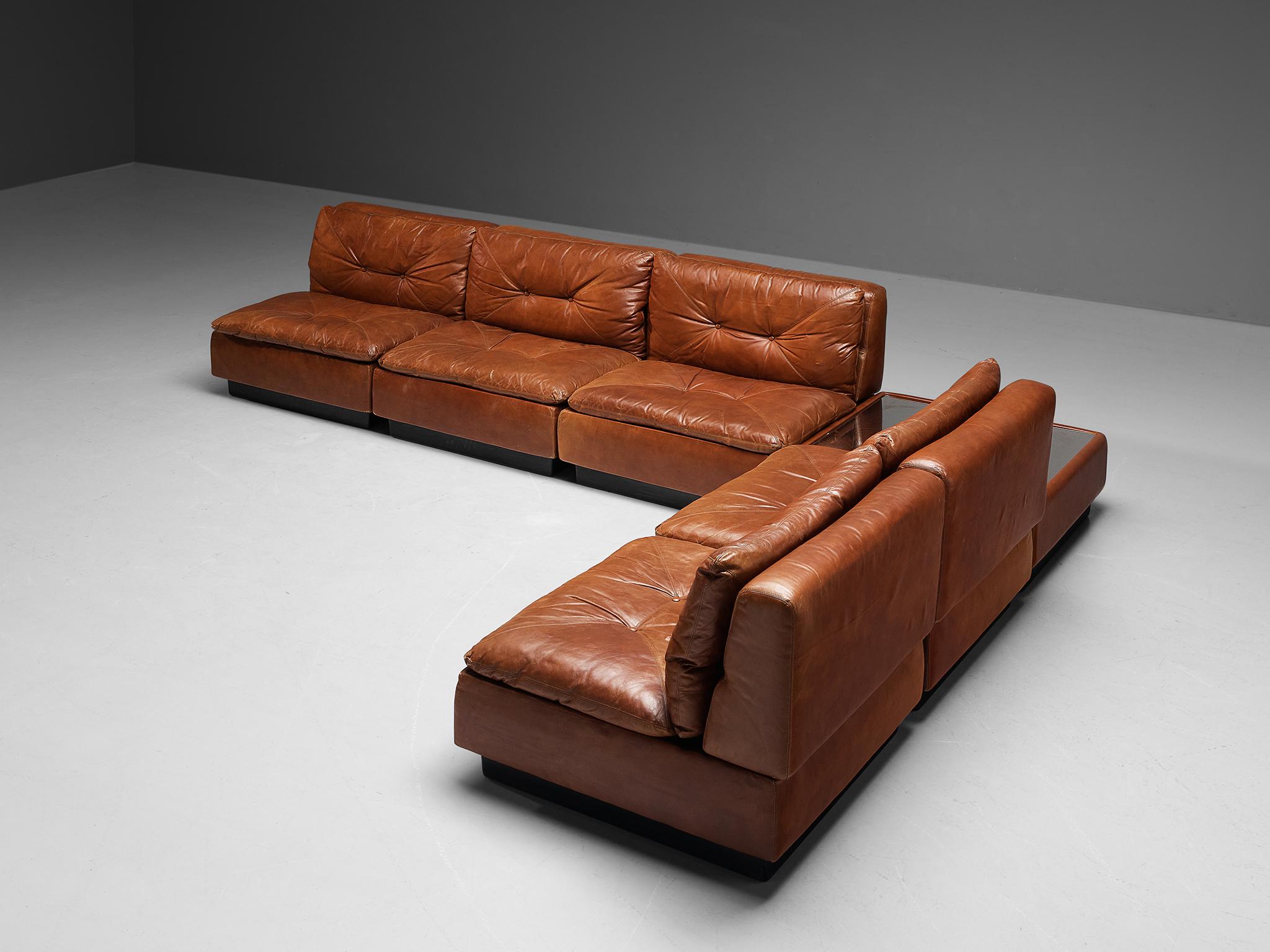 Mid-Century Modern Saporiti Modular Lounge Set with Coffee Table in Cognac Leather For Sale