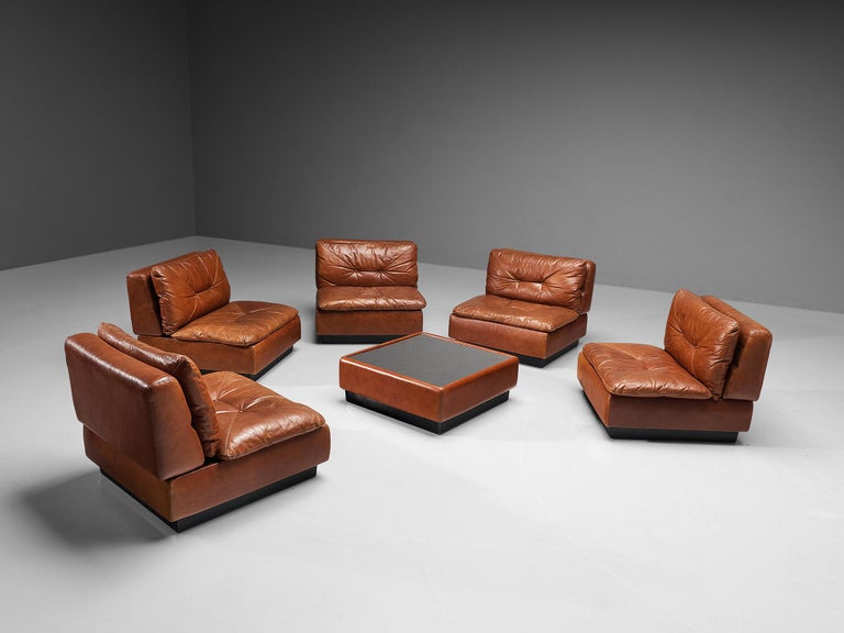 Saporiti Modular Lounge Set with Coffee Table in Cognac Leather For Sale at  1stDibs