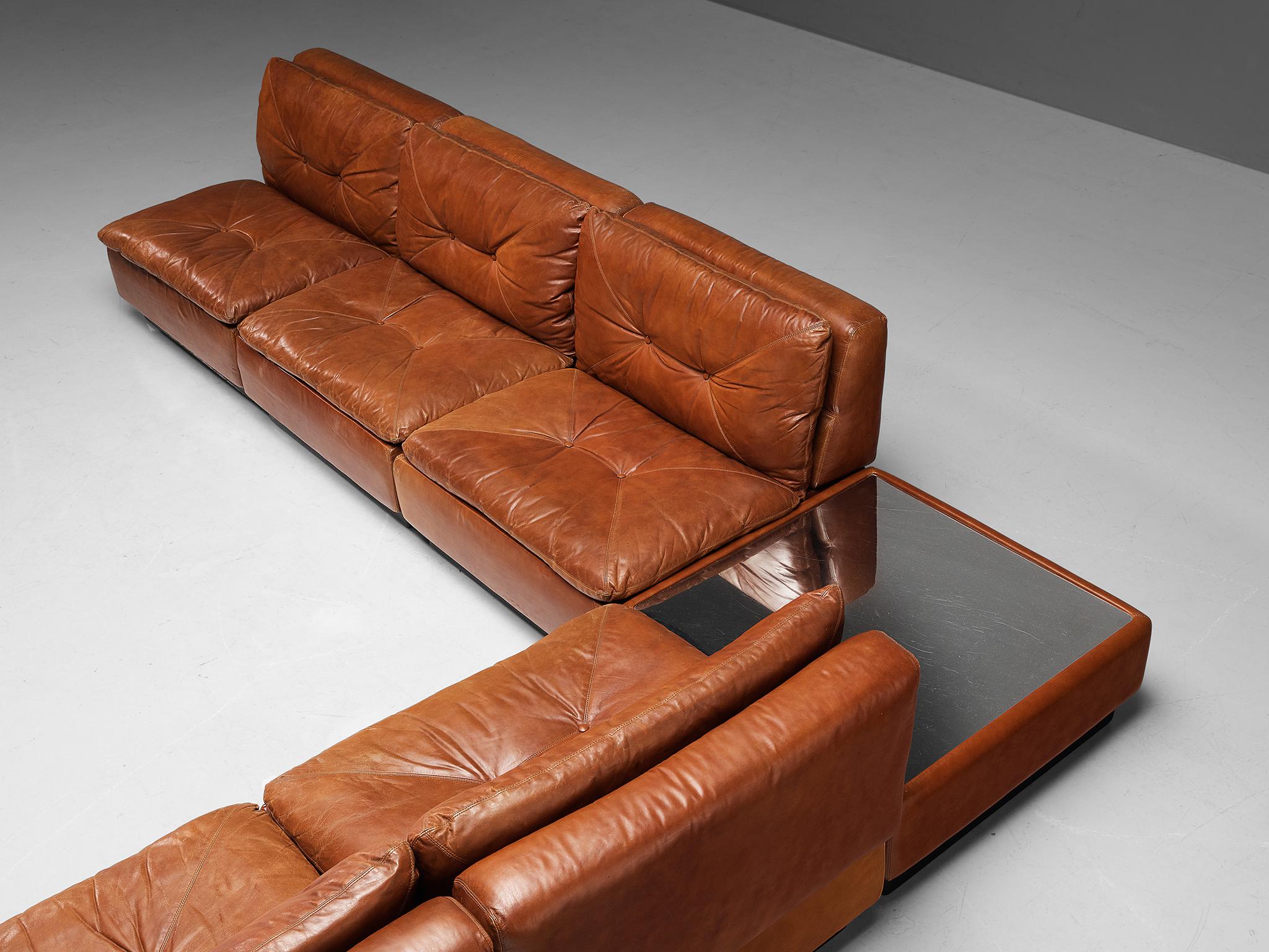 Late 20th Century Saporiti Modular Lounge Set with Coffee Table in Cognac Leather For Sale