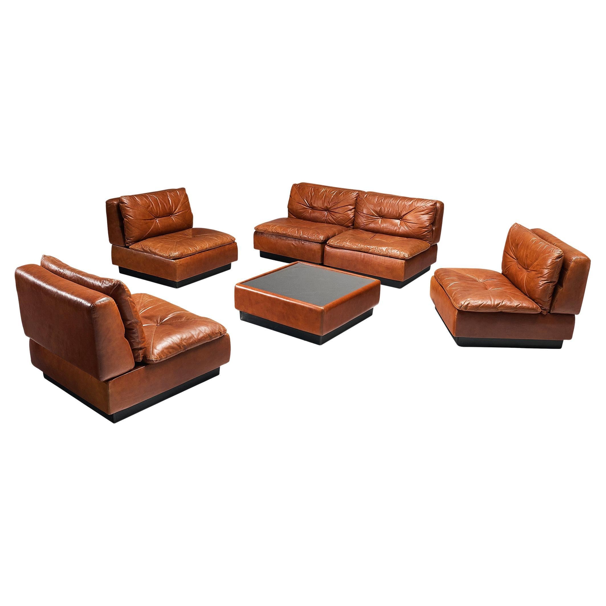 Saporiti Modular Lounge Set with Coffee Table in Cognac Leather For Sale