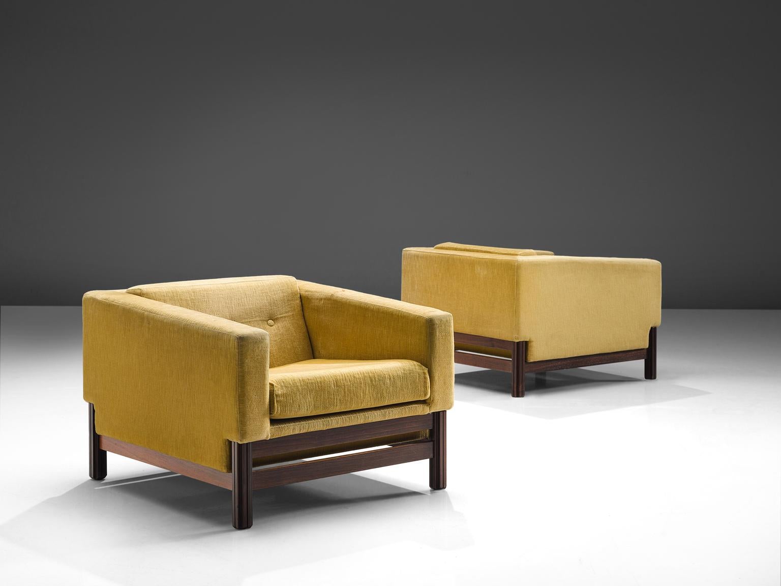 Mid-Century Modern Saporiti Pair of Lounge Chairs in Yellow Velvet