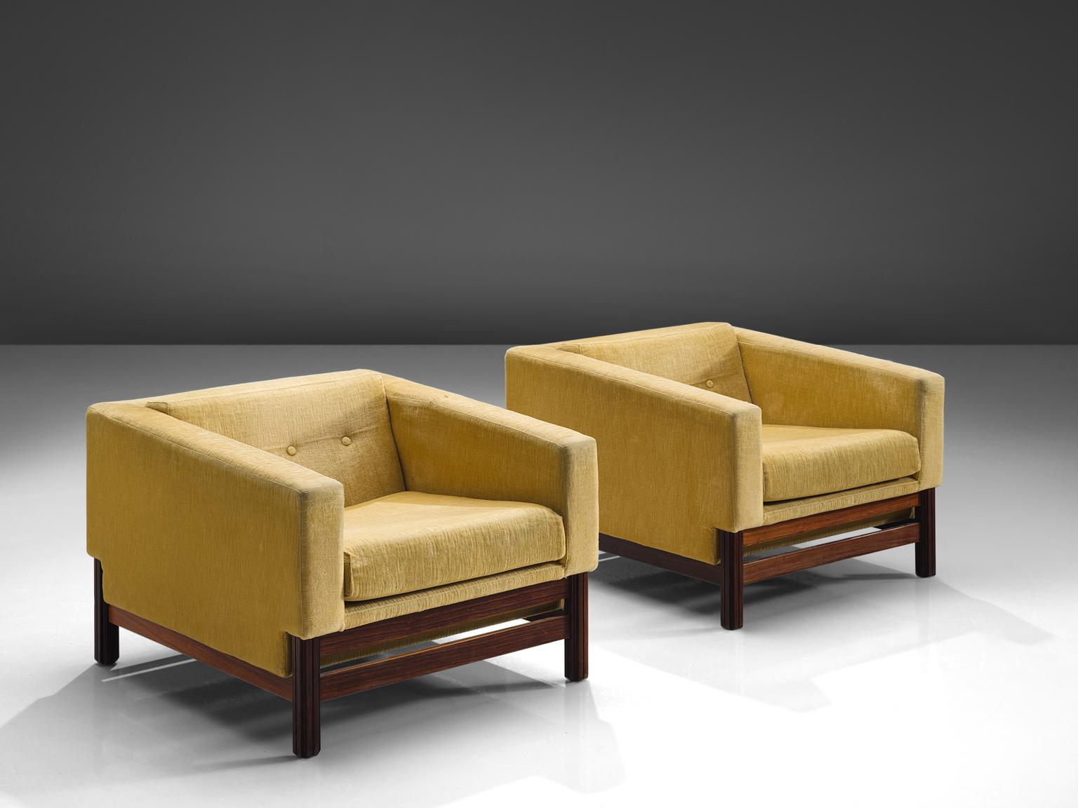 Italian Saporiti Pair of Lounge Chairs in Yellow Velvet