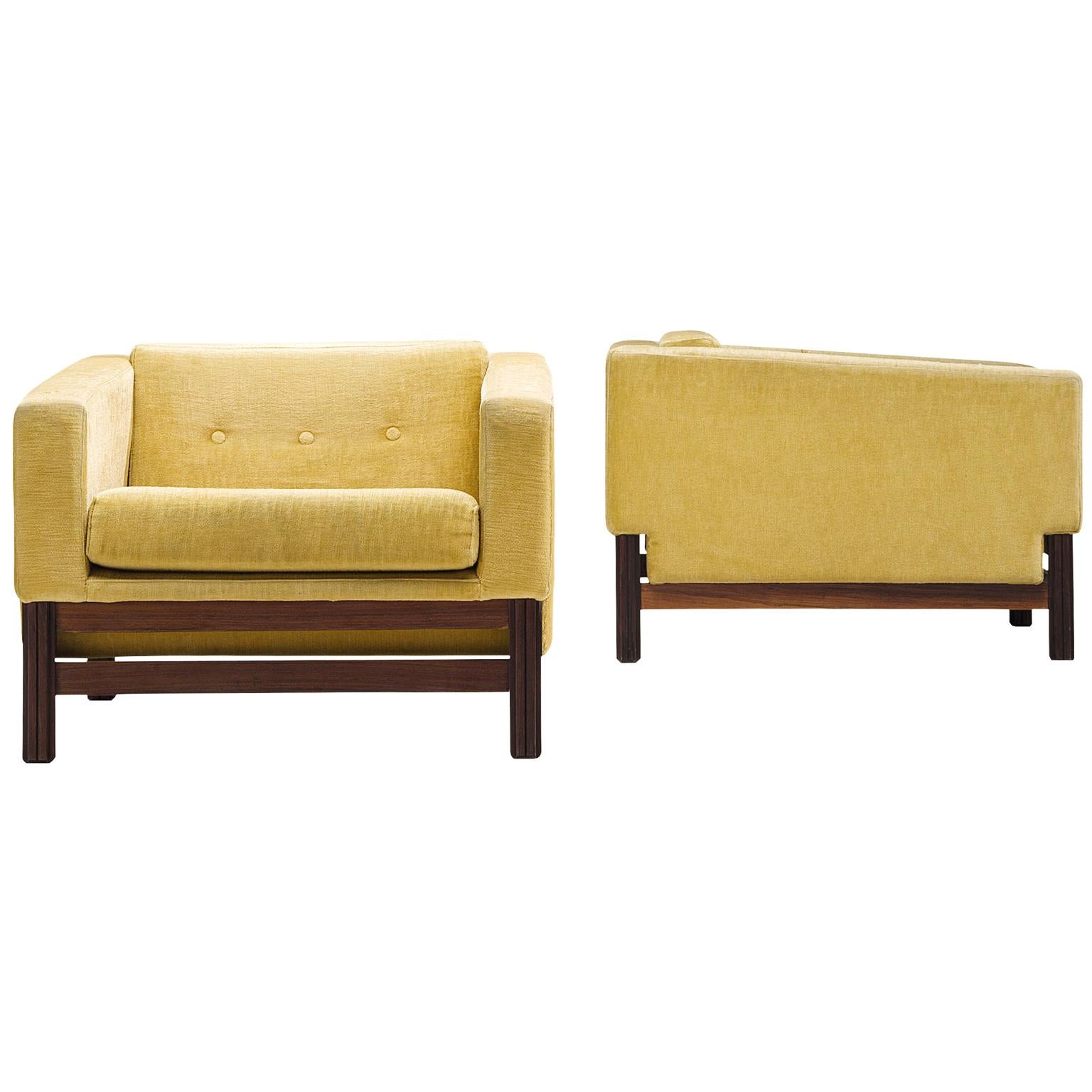 Saporiti Pair of Lounge Chairs in Yellow Velvet