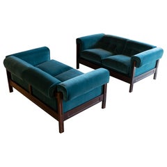 Saporiti Pair of Two-Seat Rosewood Sofas, Teal Green Velvet, circa 1960