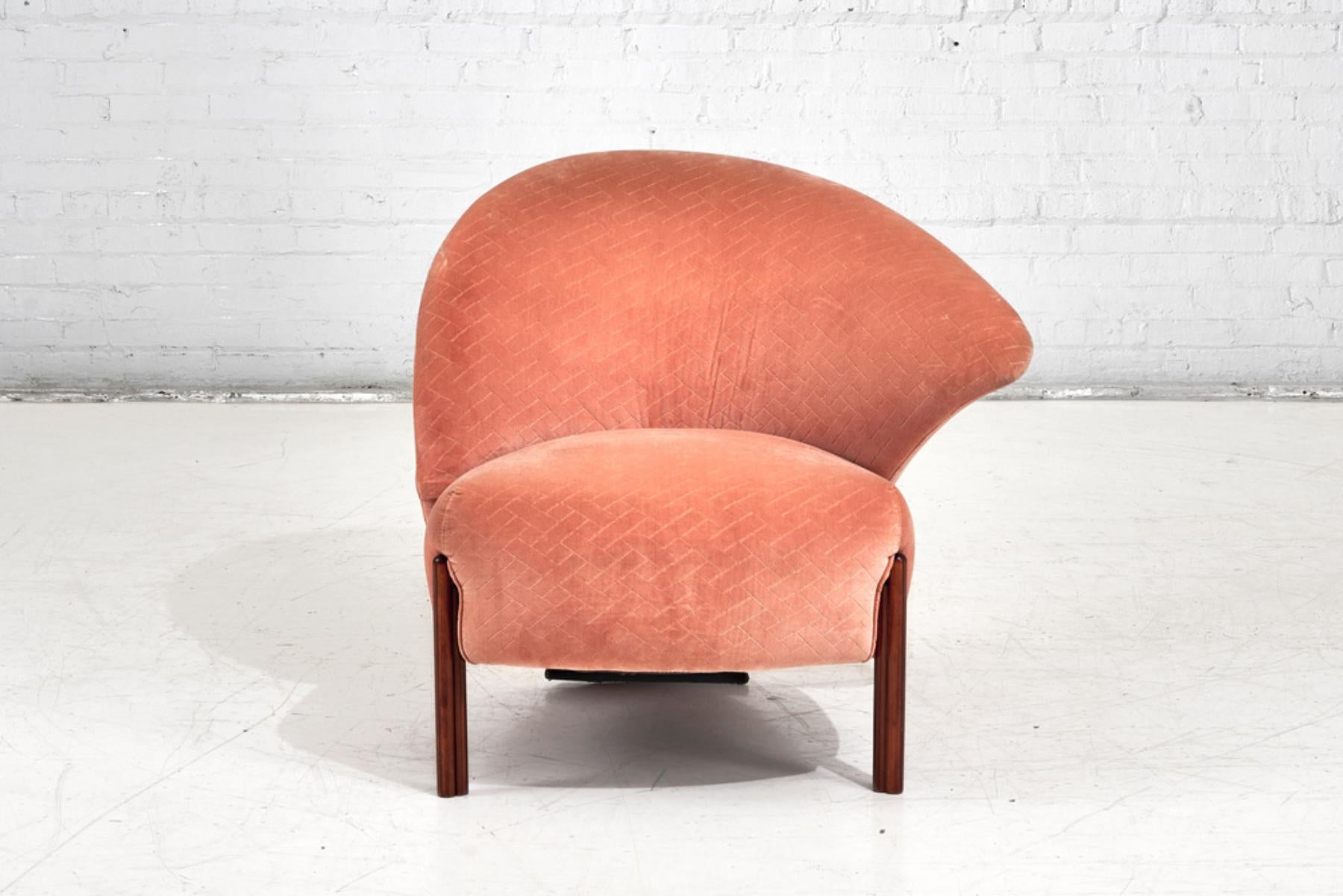 Saporiti sculptural Italian Post Modern lounge chair, 1990. Rosewood legs and original velvet upholstery.