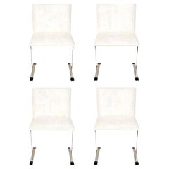 Saporiti Stainless Steel and White Upholstered Dining Chairs Italian Vintage S/4