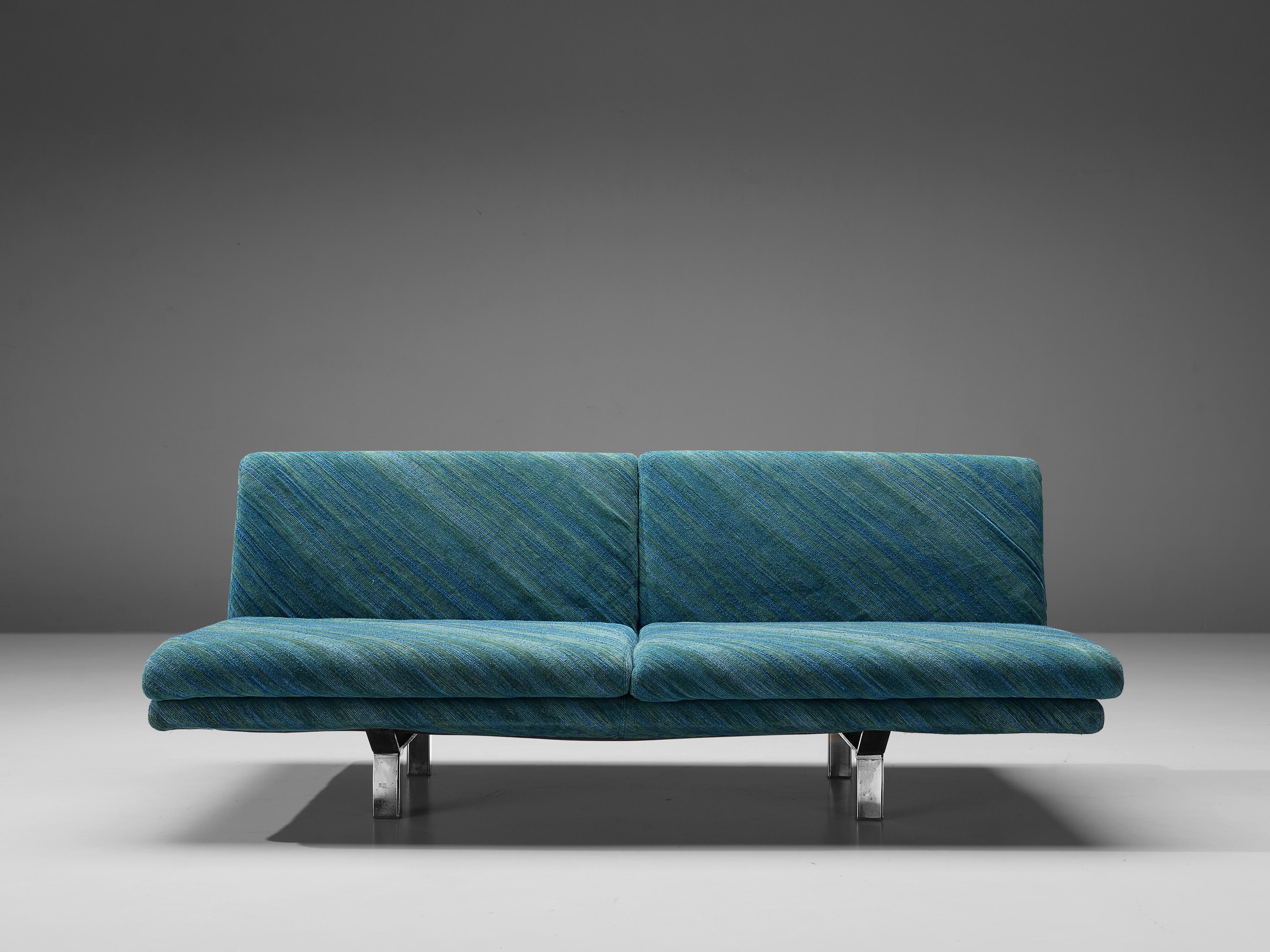 Metal Saporiti Two Seat Sofa with Ottoman in Green-Blue Upholstery 