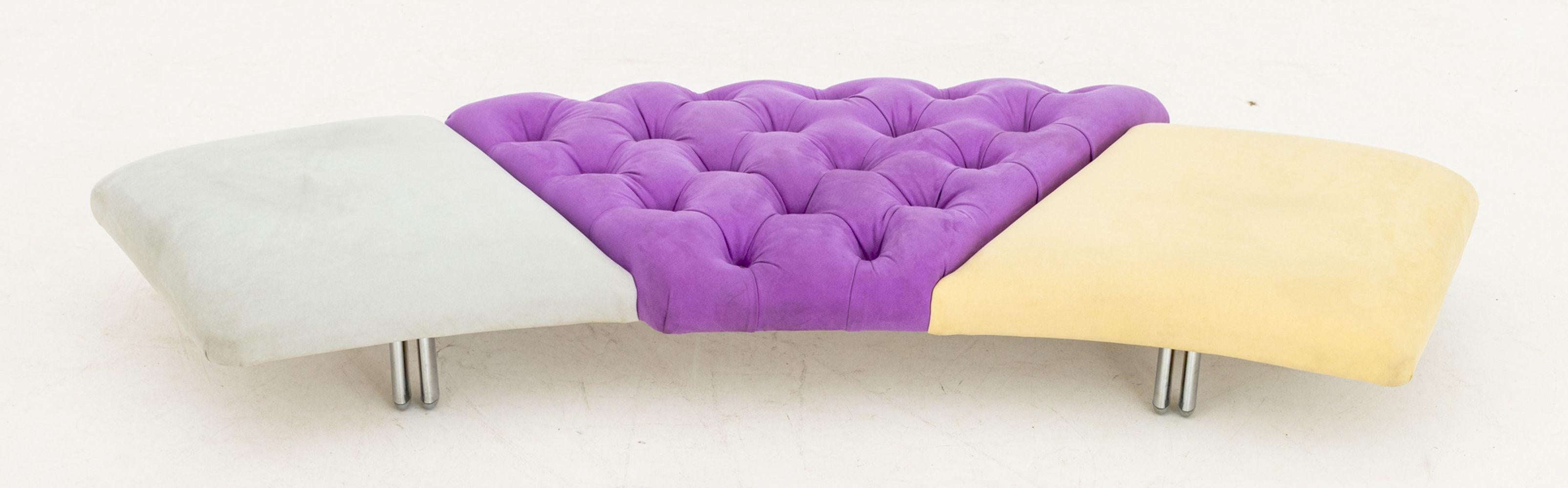 Giorgio Saporiti for Il Loft Button-Tufted Purple Suede Upholstered Bench, flanked by beige and grey upholstery, atop chrome legs, marked to underside. 8.5