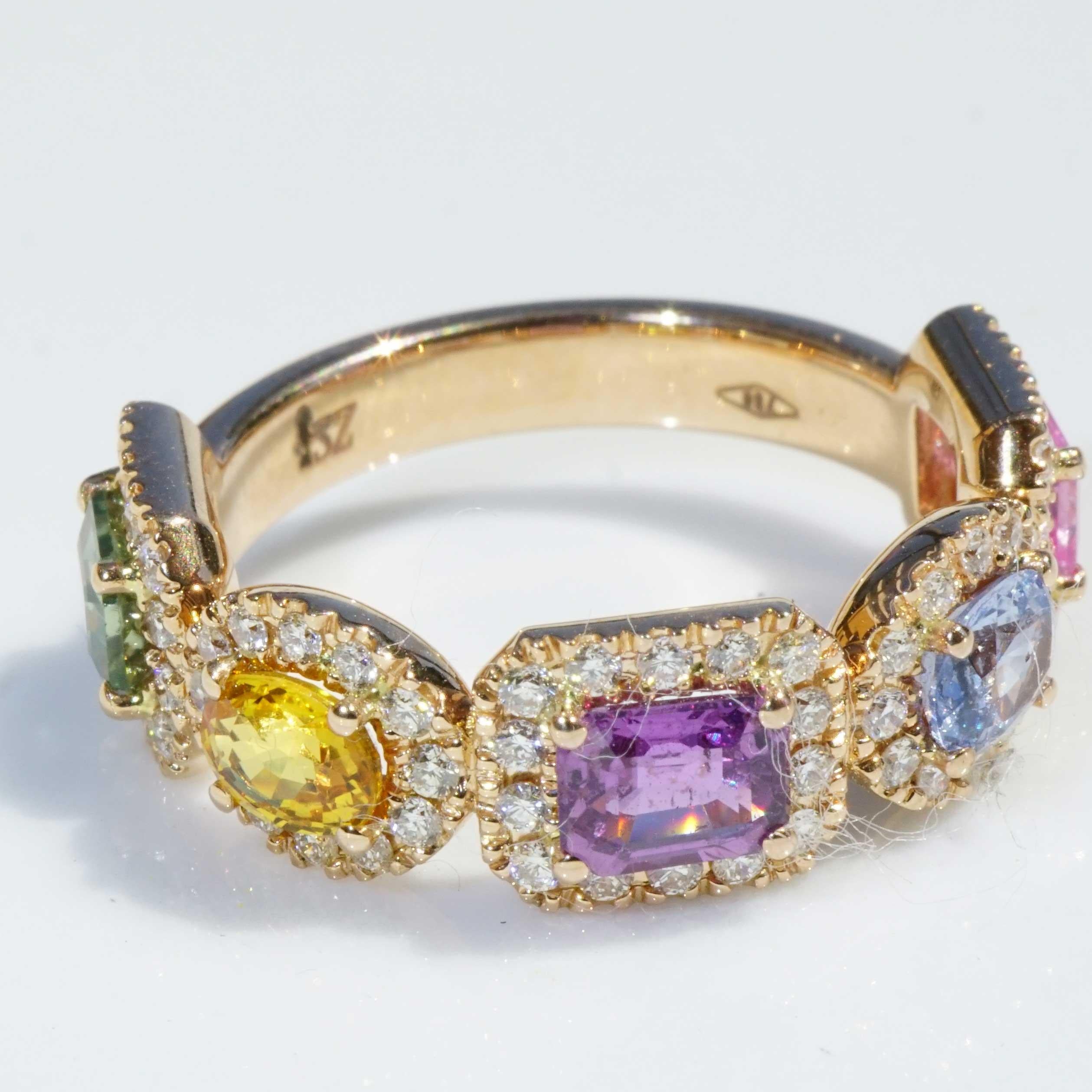 a timeless, colorful piece of jewelry, made in our traditional goldsmith factory in Valenza/Italy, hallmarked with the Schmuckzicke logo, fantastic combination of different sapphire shapes and sapphire colors in pink, light blue, violet, yellow,