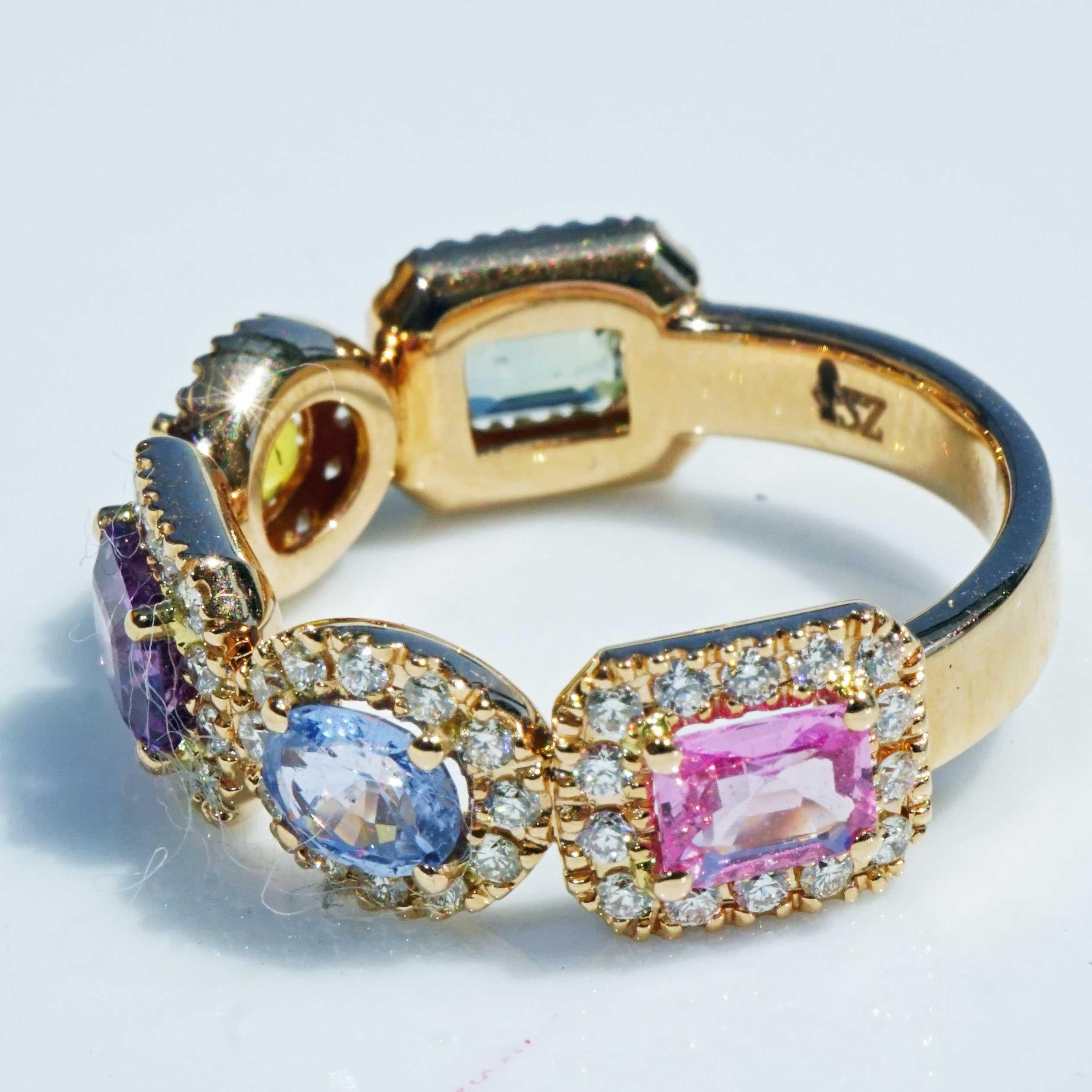 Cabochon Multicolor Sapphire Brilliant Ring 2.34 ct pink blue violet yellow lime green For Sale