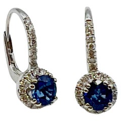 Sapphire '1.15 Carat' and Diamond Halo Leaver Back 18 Karat White Gold Earrings